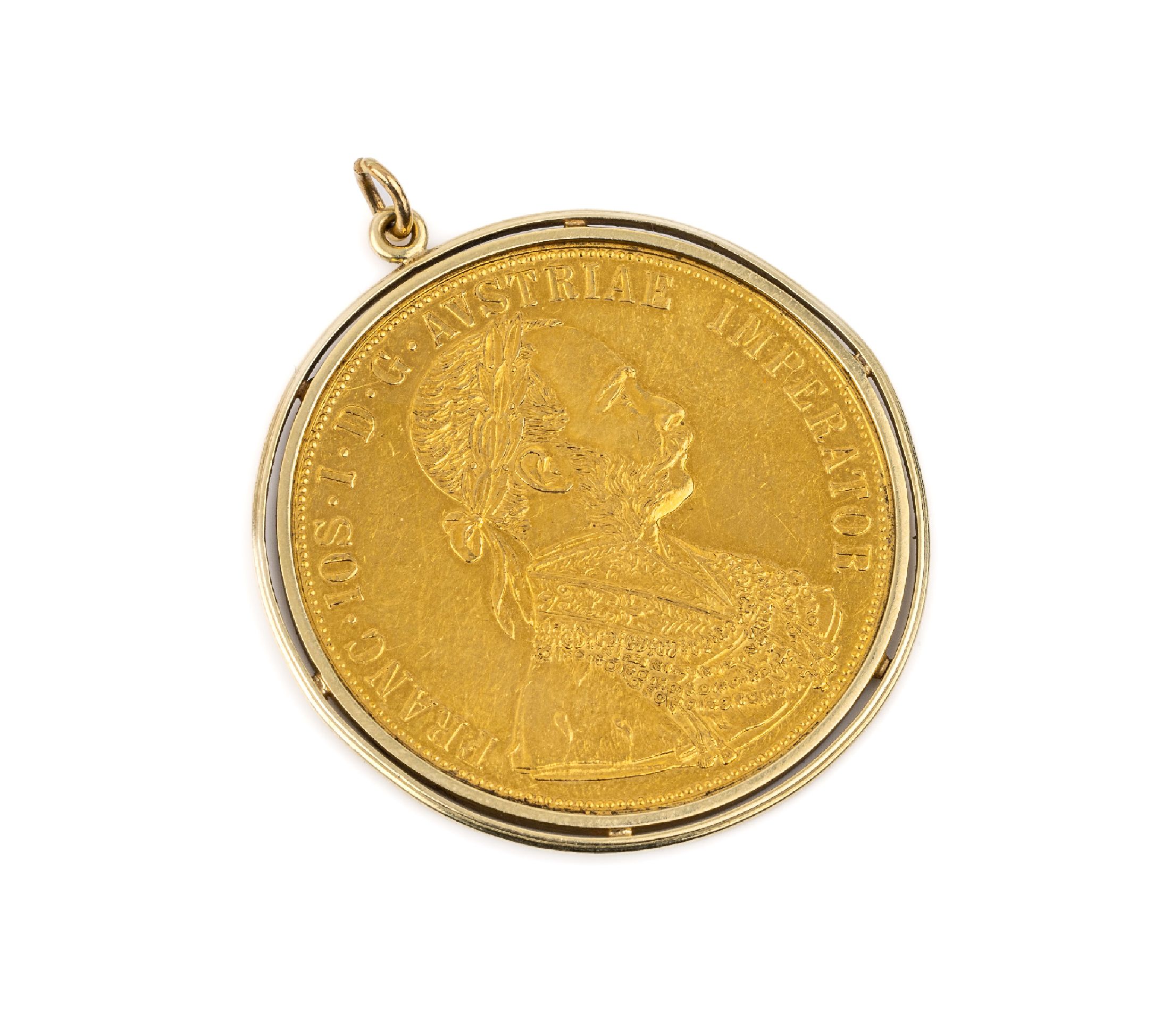 14 kt Gold Münz-Anhänger, GG 585/000, lose gefasste Goldmünze, 4 Dukaten Österreich- Ungarn 1915, Franz Joseph I., offizielle Nachprägung, ca. ...