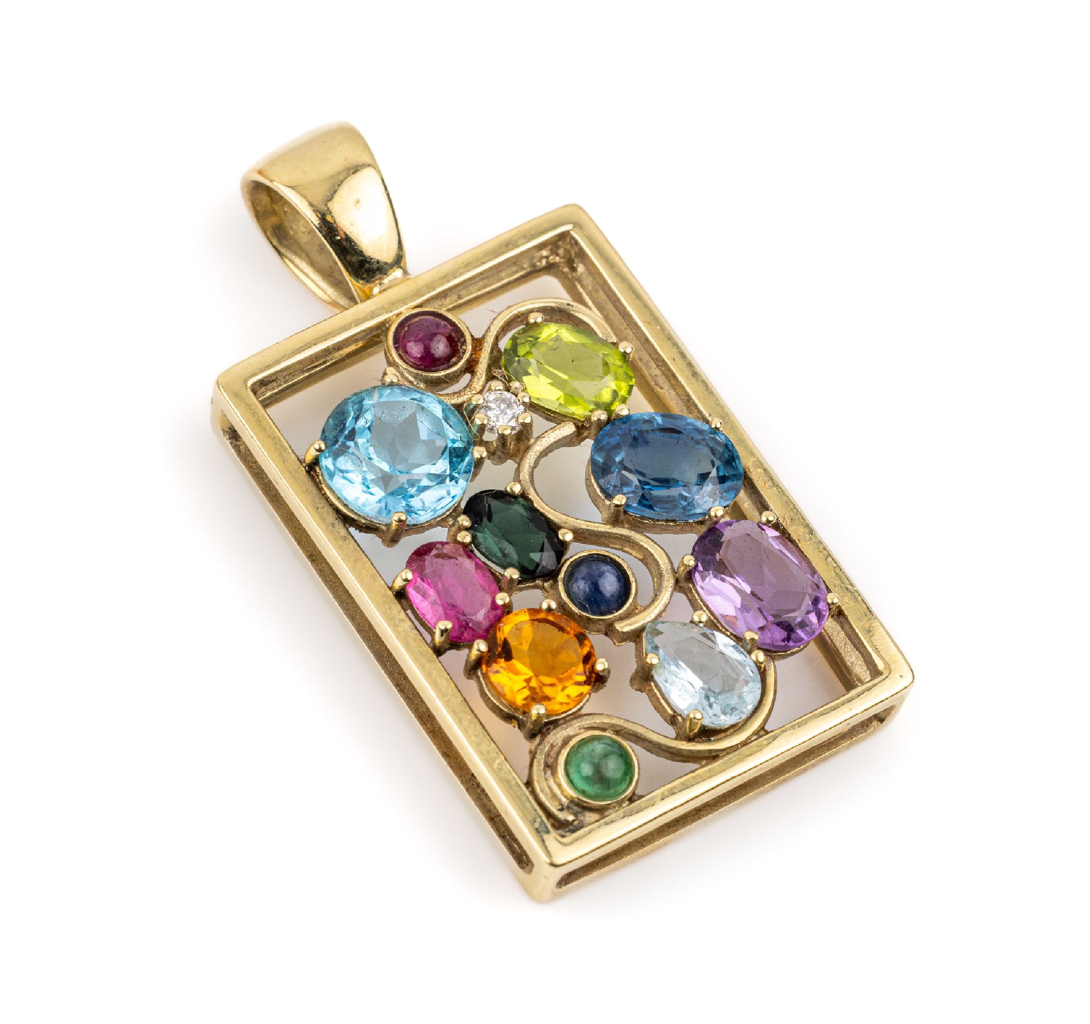 14 kt Gold Farbstein-"Gemüse"-Anhänger, GG 585/000, bunte Farbsteine in versch. Farben (Peridot, Topas (beh.), Turmalin, Amethyst, ...