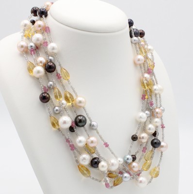 Image 26694601 - 6-reihiges Collier mit Farbsteinen und Perlen