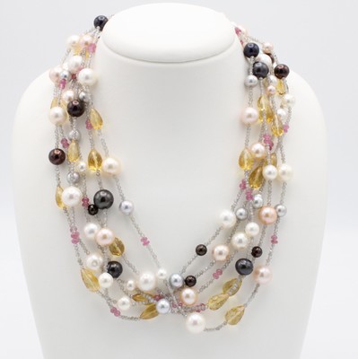 26694601a - 6-reihiges Collier mit Farbsteinen und Perlen
