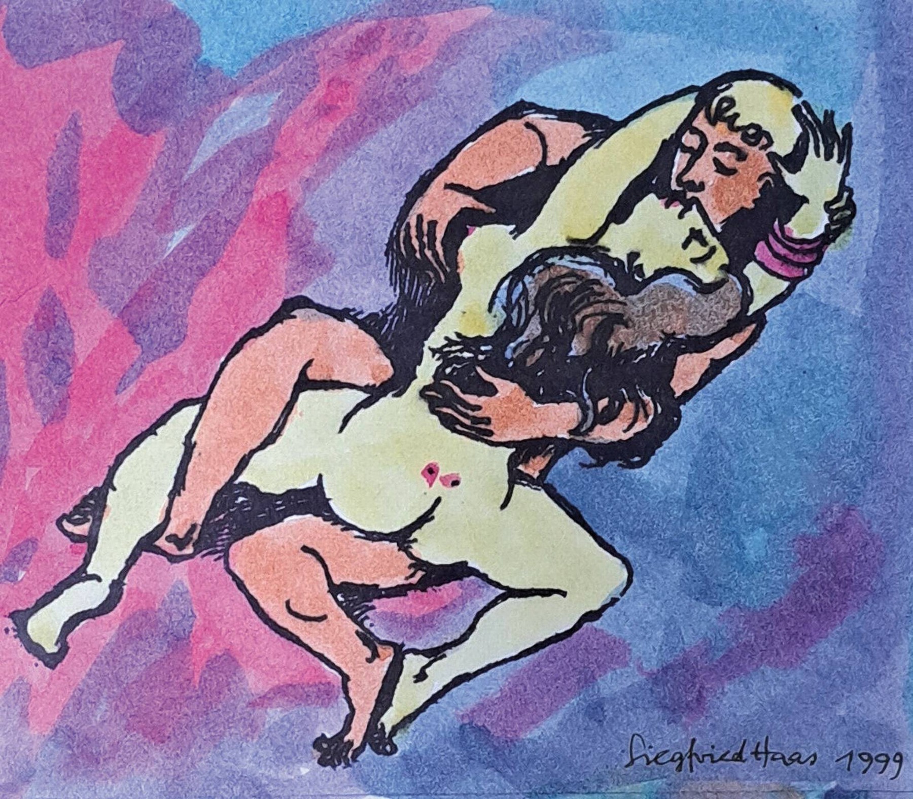 Siegfried Haas, 1921 Giengen-2011 Rottweil, Aquarell, Kopulationakt, signiert und datiert 1999, unter Glas gerahmt, 22x22 cm; Studium an der Akademie ...