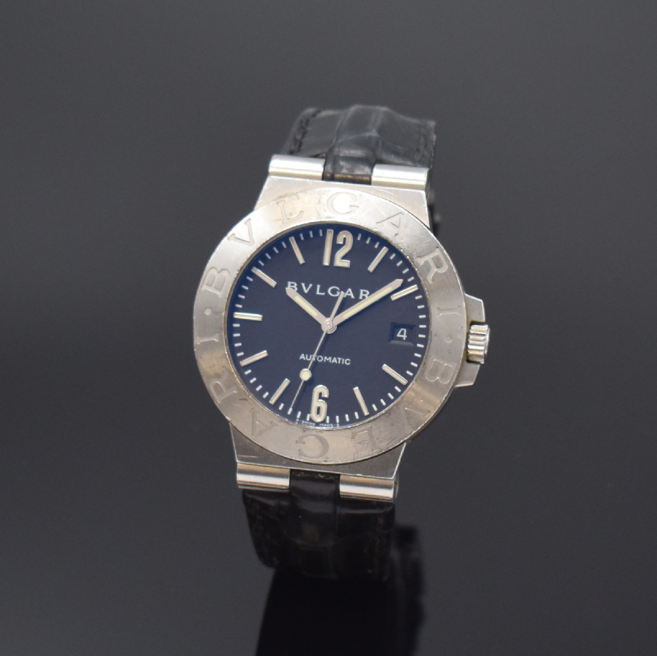 BULGARI Diagono Herrenarmbanduhr Referenz LCV 38 S, Schweiz um 2005, Automatik, verschr. Edelstahlgeh., Lederband m. orig. Dornschl., schwarzes ...