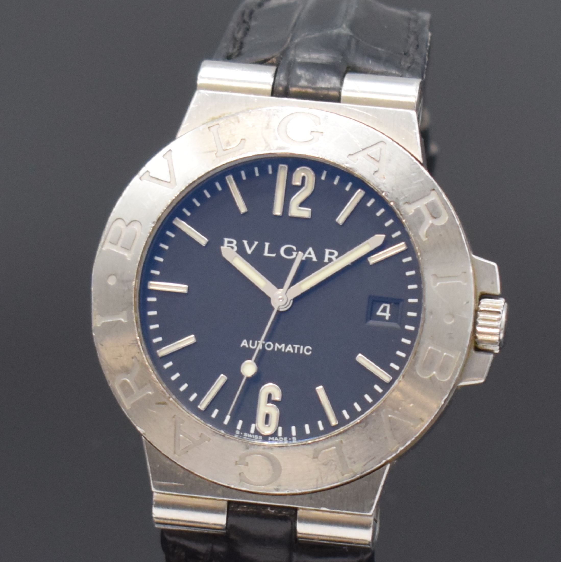 Detail a: BULGARI Diagono Herrenarmbanduhr Referenz LCV 38 S, Schweiz um 2005, Automatik, verschr. Edelstahlgeh., Lederband m. orig. Dornschl., schwarzes ...