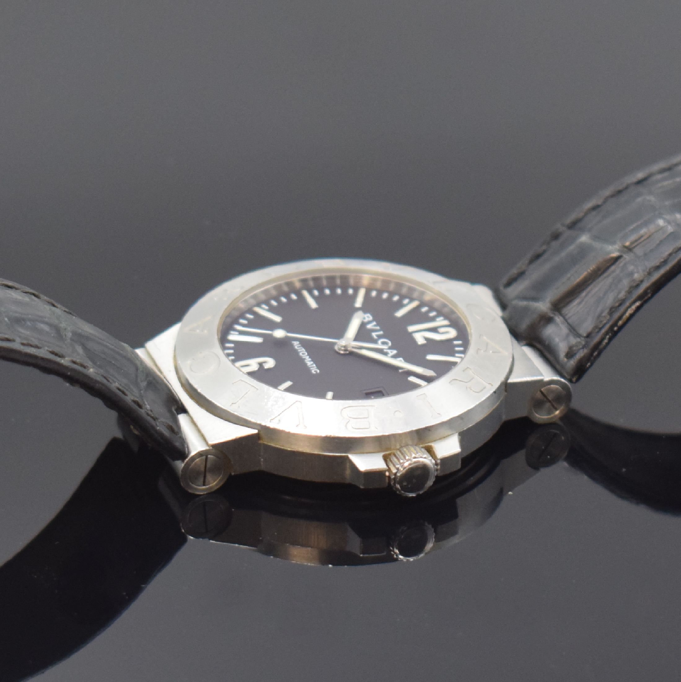 Detail c: BULGARI Diagono Herrenarmbanduhr Referenz LCV 38 S, Schweiz um 2005, Automatik, verschr. Edelstahlgeh., Lederband m. orig. Dornschl., schwarzes ...