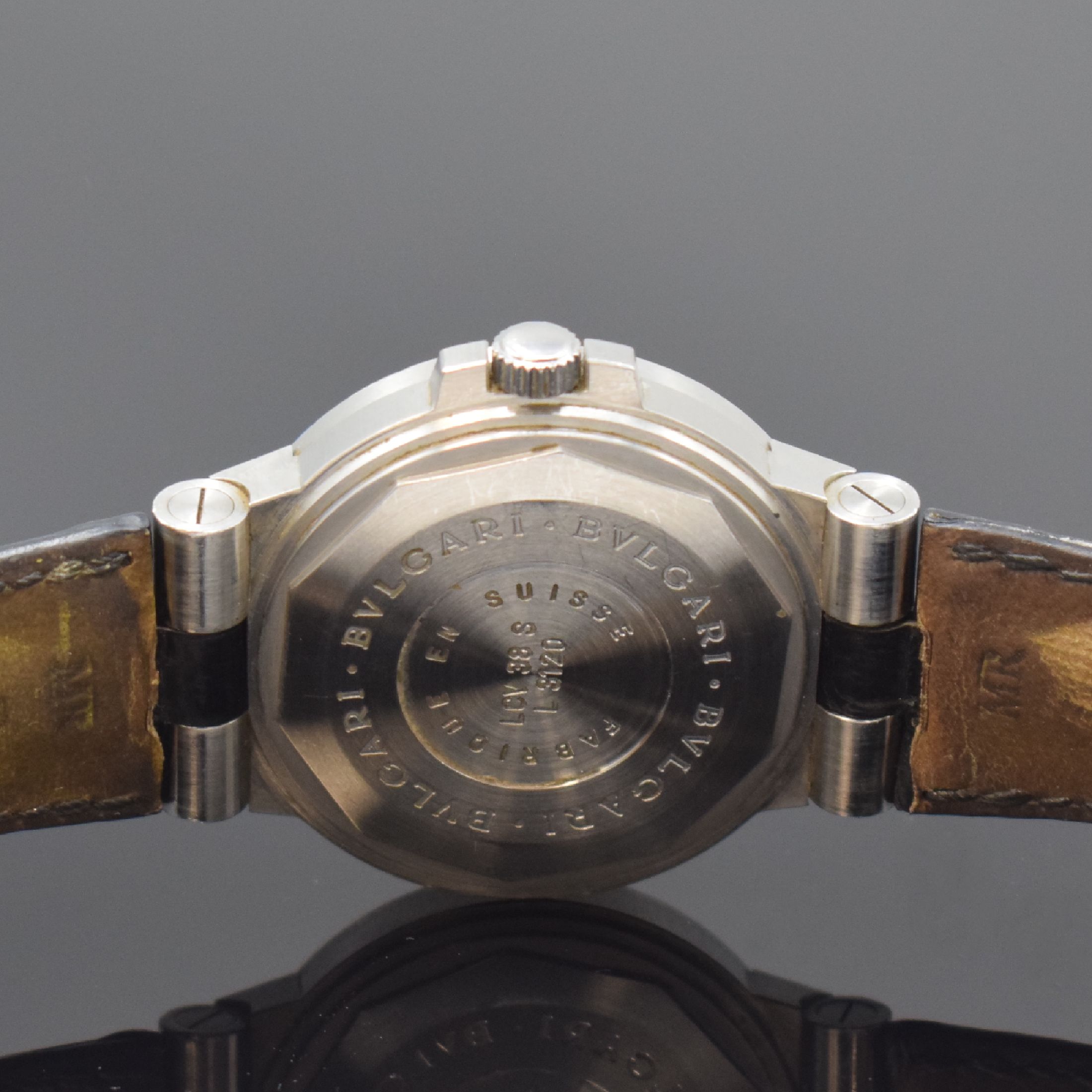 Detail d: BULGARI Diagono Herrenarmbanduhr Referenz LCV 38 S, Schweiz um 2005, Automatik, verschr. Edelstahlgeh., Lederband m. orig. Dornschl., schwarzes ...