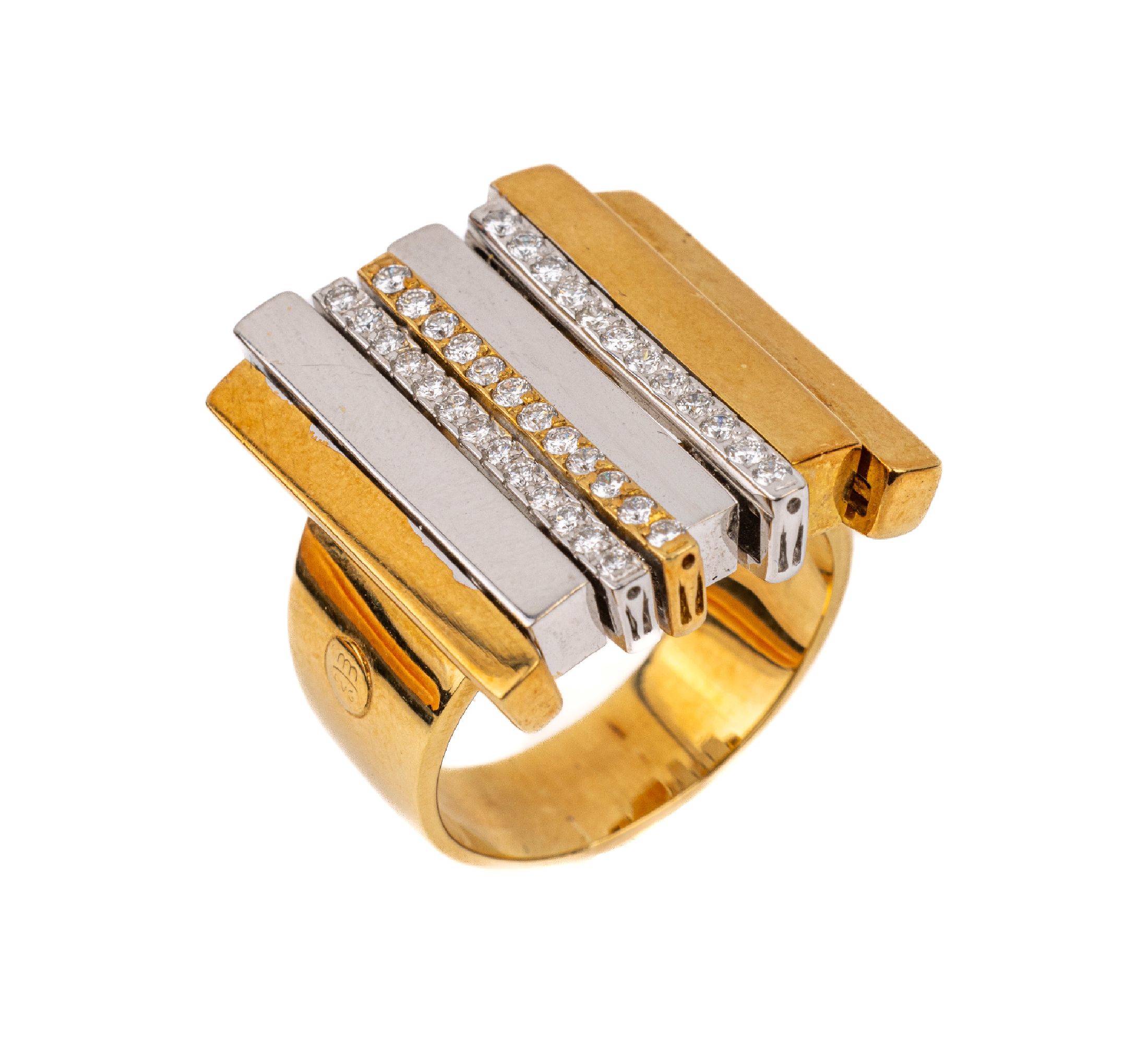18 kt Gold Brillant-Ring, GG/WG RG 750/000,ausgefallenes Design, handmontiert, 37 Brillanten zus. ca. 0.60 ct feines Weiß -Weiß/vs-si, ca. 23.5 g, ...