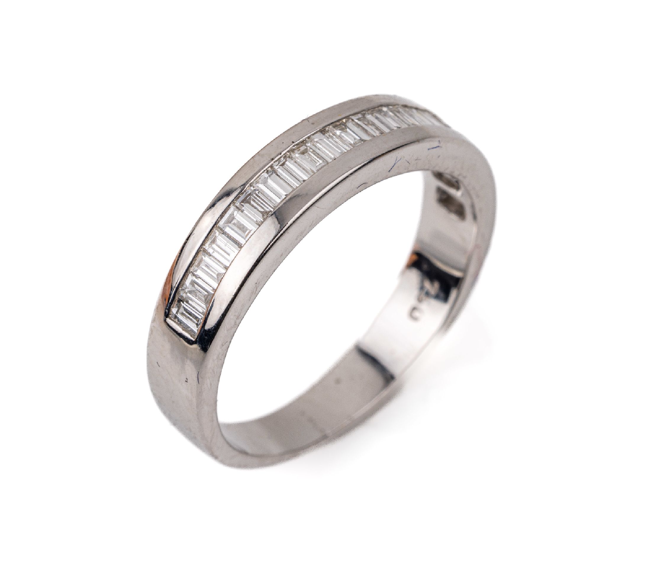 18 kt Gold Diamant-Halbmemoryring, WG 750/000, 22 Diamantbaguettes zus. ca. 0.85 ct feines Weiß/vs, RW 54, ca. 4.5 g