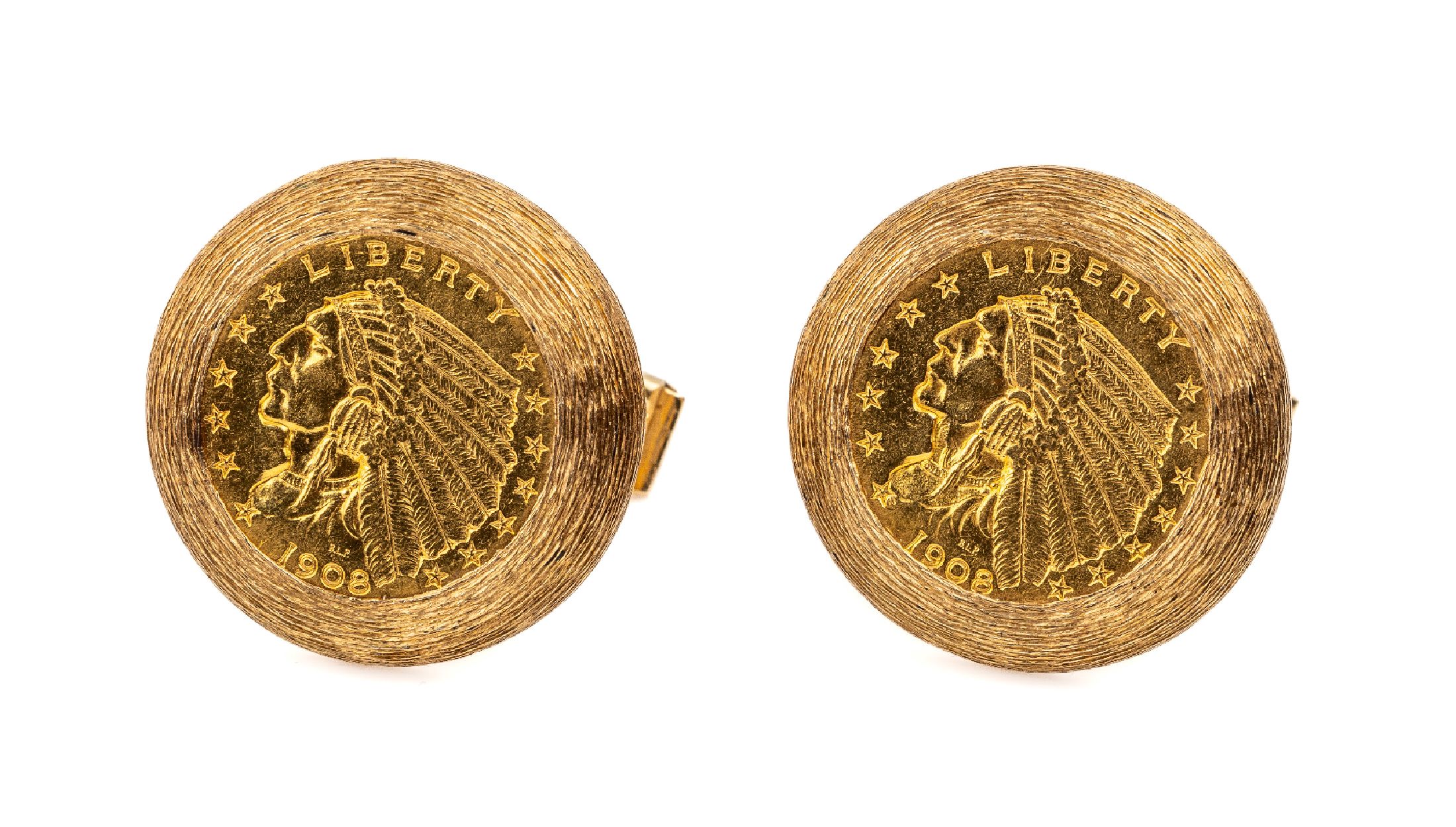 Paar 14 kt Gold Manschettenknöpfe, GG 585/000, sat., Münzeinlage 2.5 Dollar, USA 1908, RV: nicht einsehbar, D. ca. 2.4 cm, ca. 25.4 g