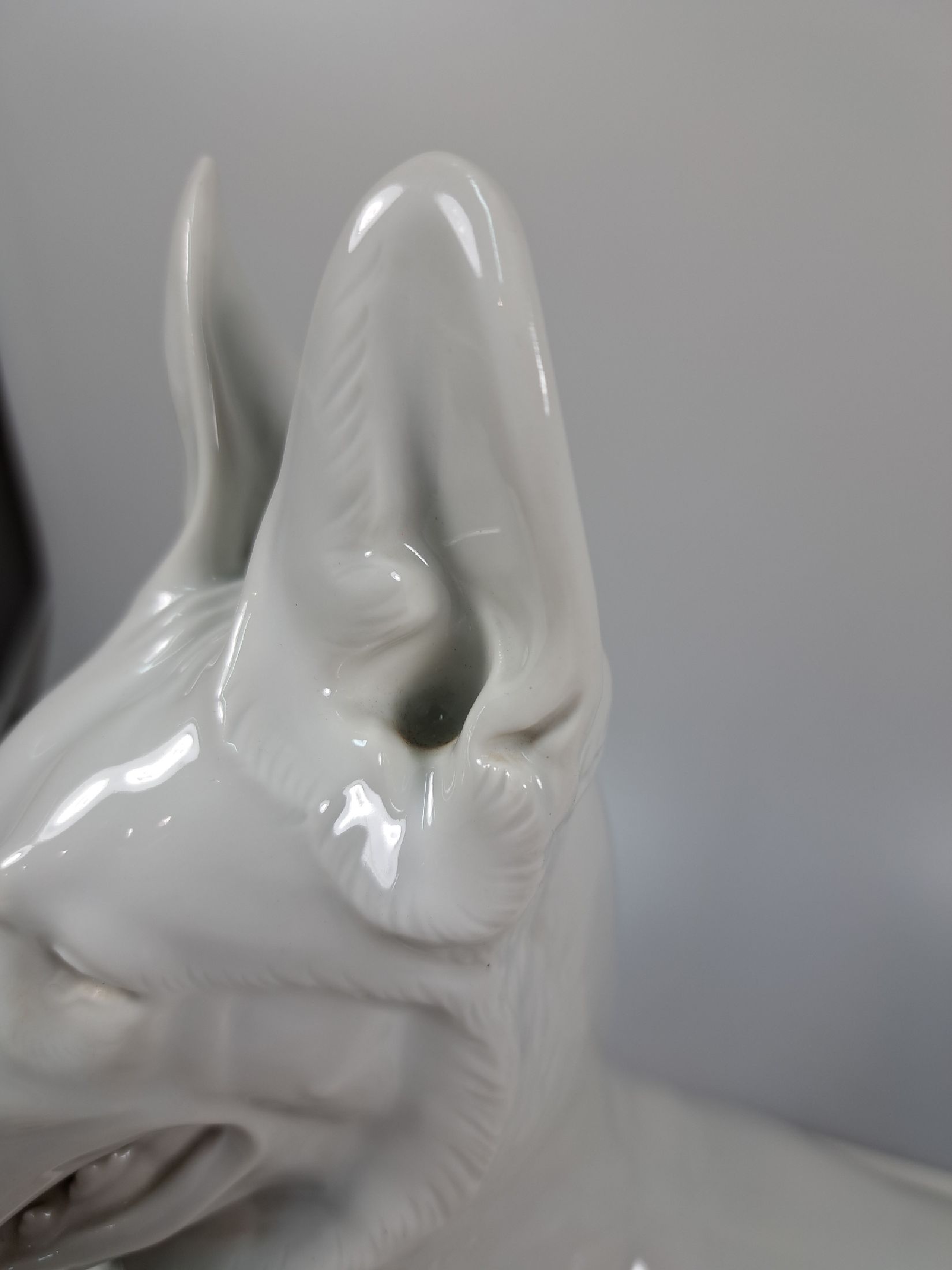 Detail e: Große Porzellanfigur, Allach, 1940er Jahre, liegender Schäferhund, weiß, Entwurf Theodor Kärner, sign., Blindmarke, Krallenspitze am Vorderlauf ...