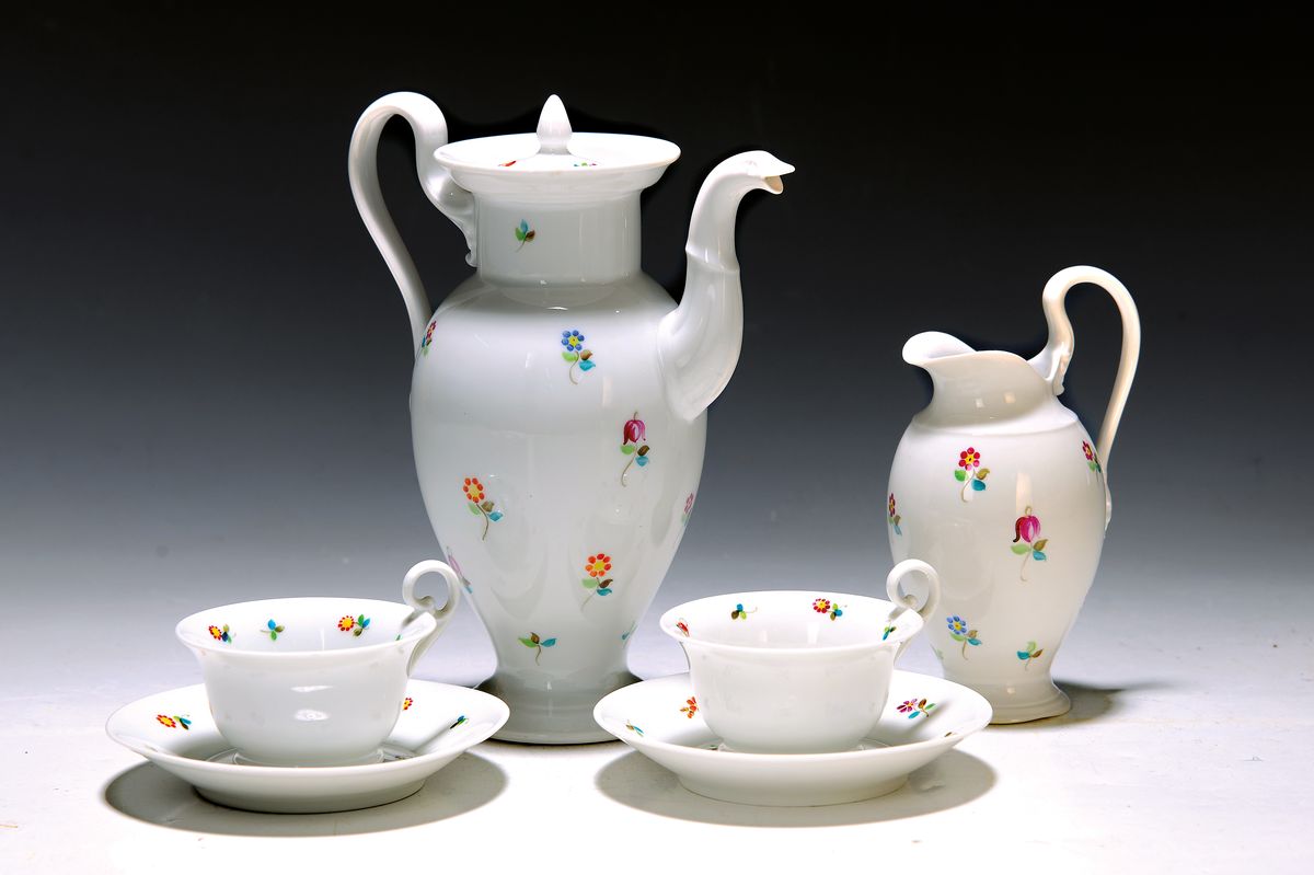 Mokka- bzw. Espressoservice für 6 Personen, Nymphenburg, 1920er Jahre, Porzellan, Empirestil, bunt bemalt mit gestreuten Blümchen, Kanne, ...