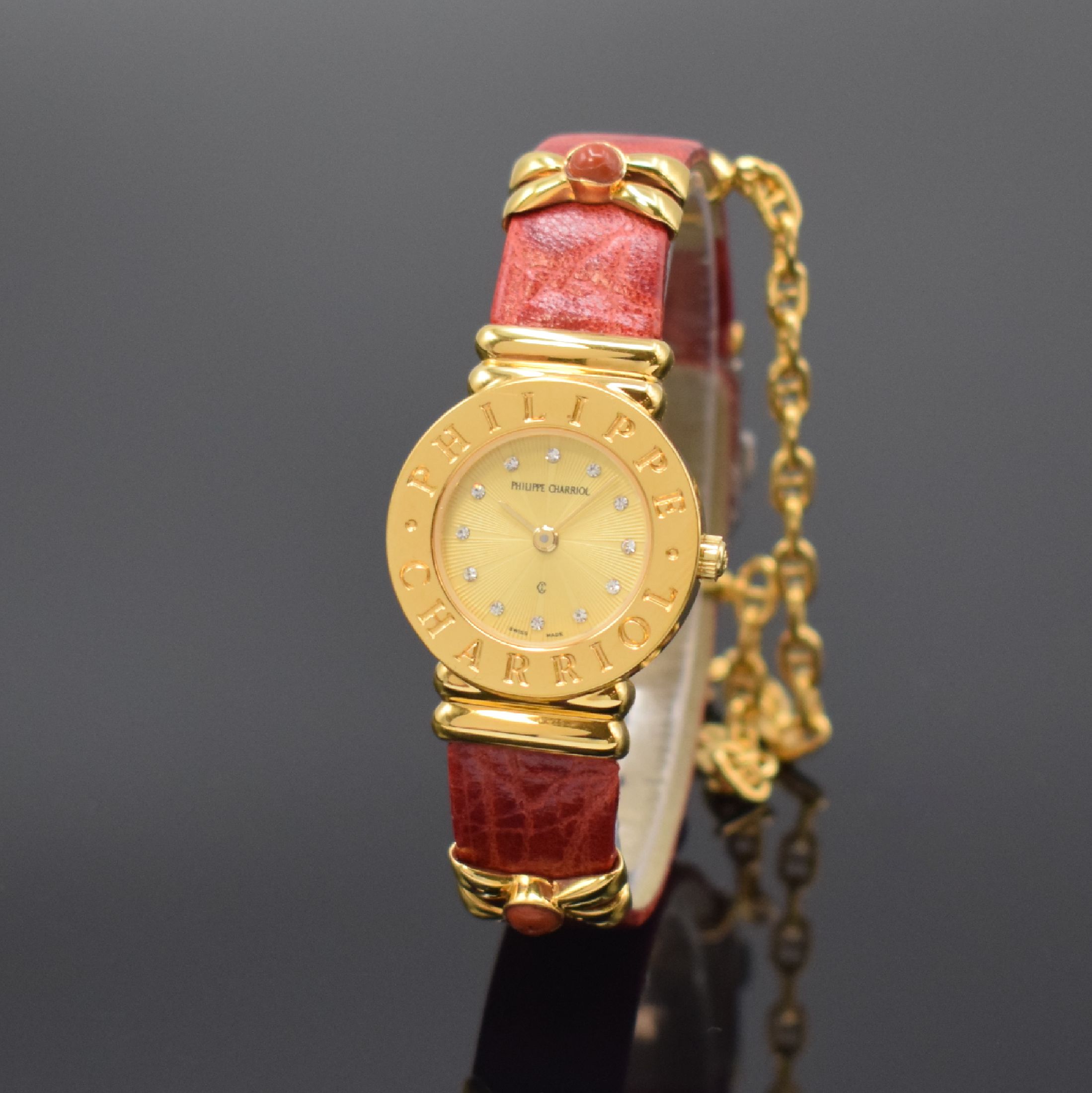 PHILIPPE CHARRIOL St. Tropez Damenarmbanduhr Referenz S28.92, Schweiz um 1995, quarz, verg. Gehäuse, Stahlboden aufgedr., orig. Lederband, gold. ...