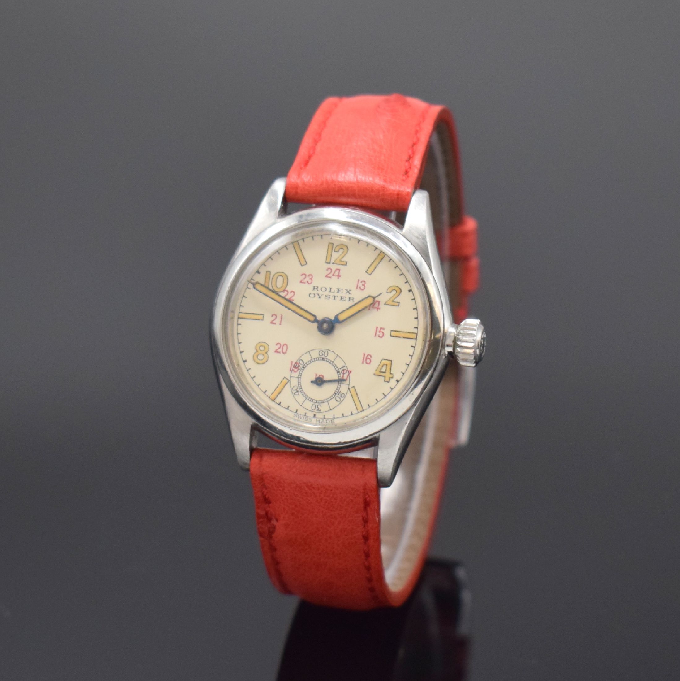 ROLEX Oyster Armbanduhr in Stahl Referenz 3121, Schweiz um 1941, Handaufzug, verschr. Oystergeh., Zifferbl. m. 12/24-Std.-Anzeige rest., gebl. ...