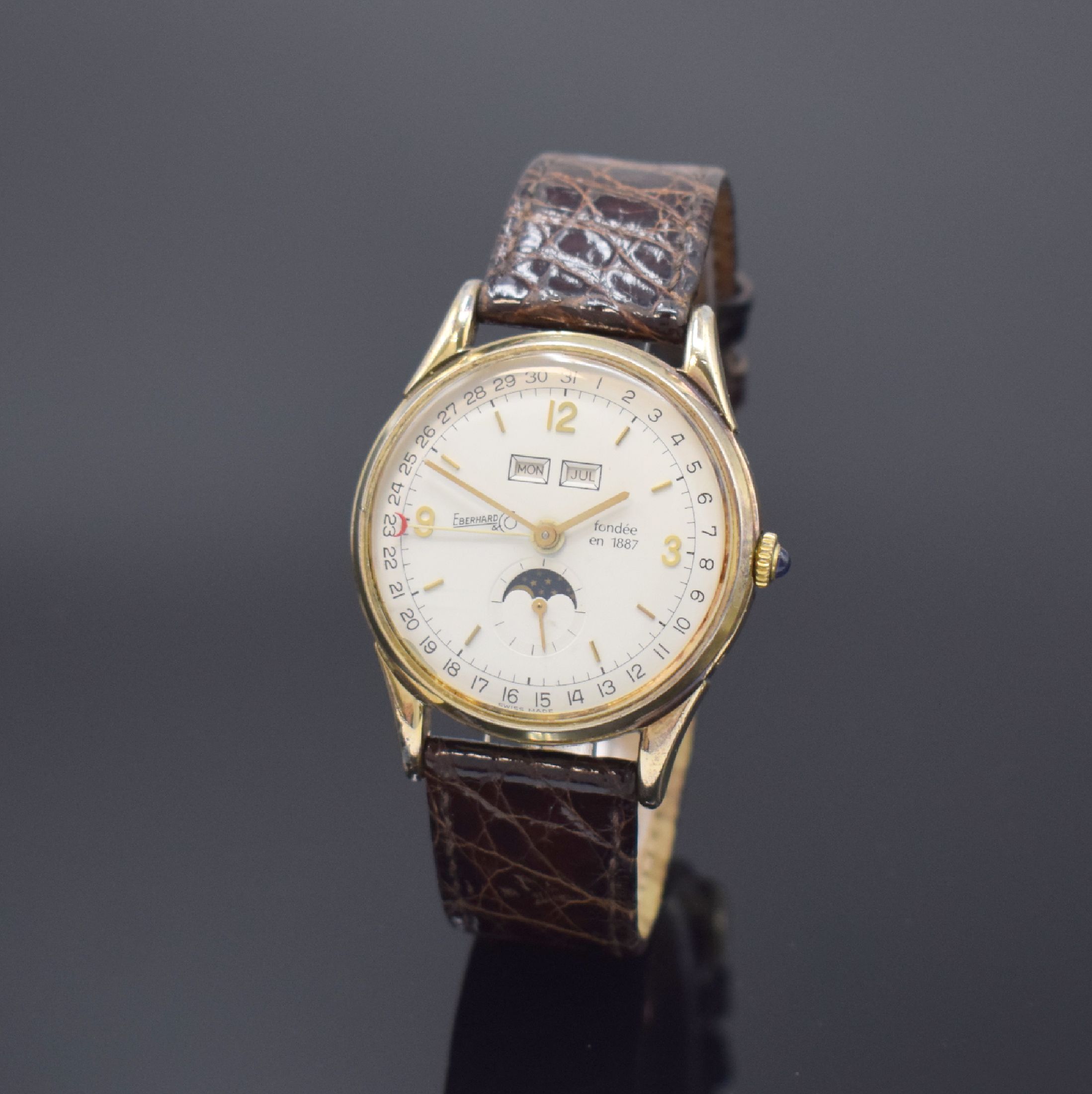 EBERHARD & Co Edition Antiquite auf 499 Stück limitierte Herrenarmbanduhr Kaliber Venus 203 mit Vollkalender, Schweiz 1987, Handaufzug, 3-teiliges, ...