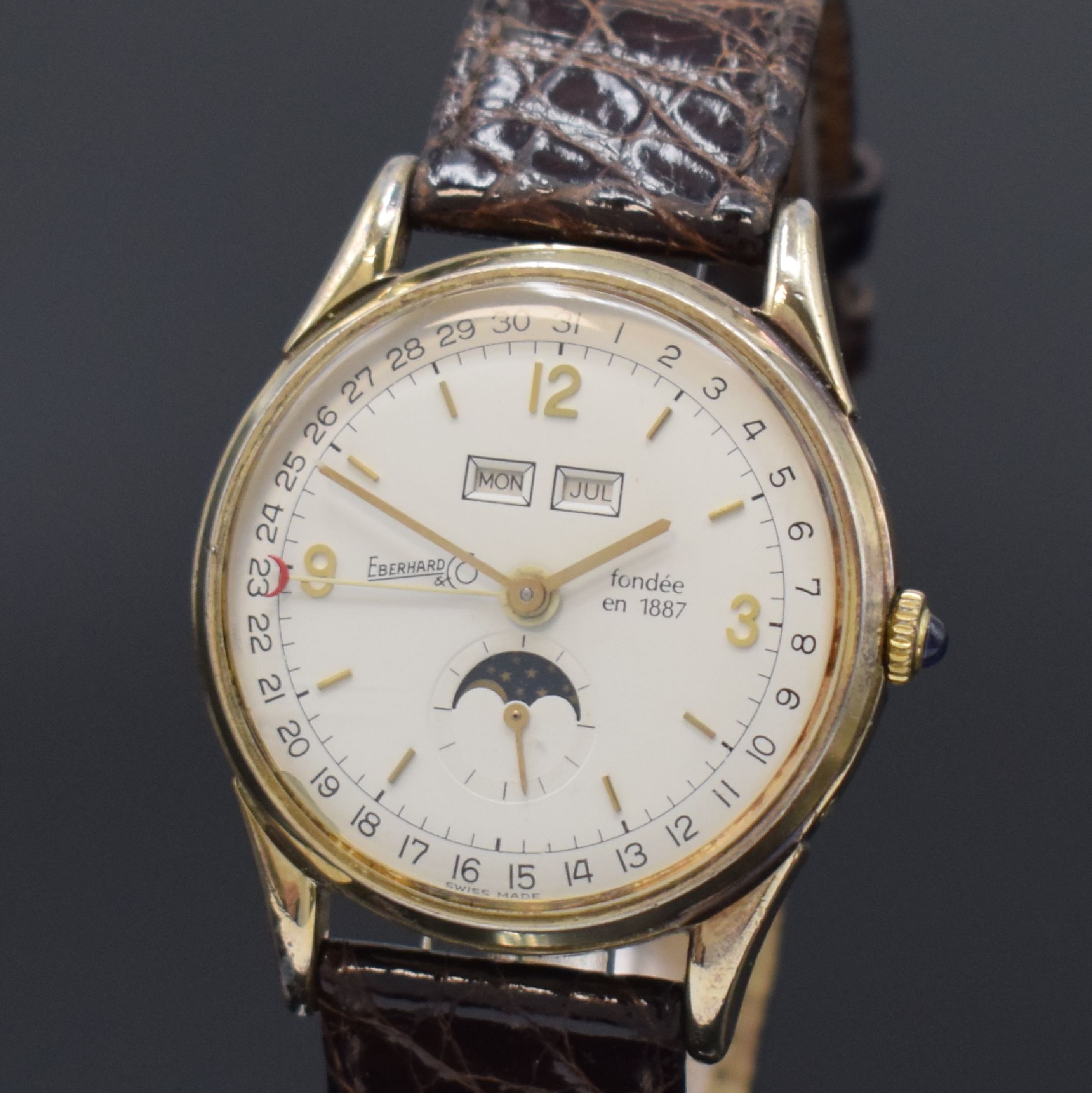 Detail a: EBERHARD & Co Edition Antiquite auf 499 Stück limitierte Herrenarmbanduhr Kaliber Venus 203 mit Vollkalender, Schweiz 1987, Handaufzug, 3-teiliges, ...