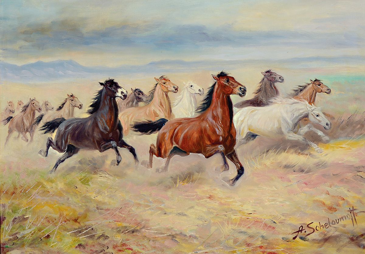 Afanasij Ivanovic Scheloumoff, 1892-1983, Galoppierende Wildpferde, Öl/Lwd, rechts unten signiert, ca. 50x70cm, R. ca. 66x86cm