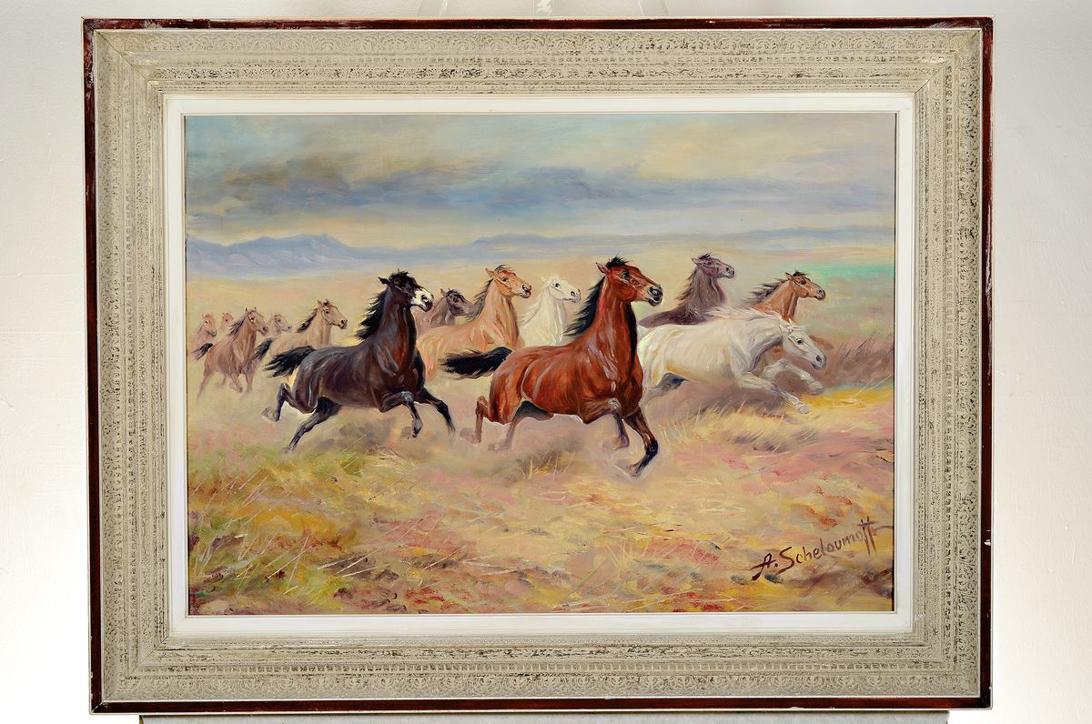 Detail k: Afanasij Ivanovic Scheloumoff, 1892-1983, Galoppierende Wildpferde, Öl/Lwd, rechts unten signiert, ca. 50x70cm, R. ca. 66x86cm