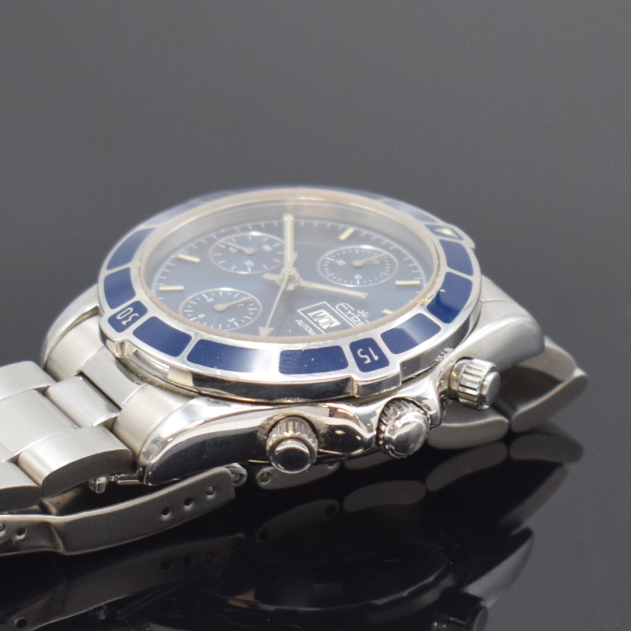 Detail b: ERBE Richard Bethge Armbandchronograph in Stahl/Stahlband, Schweiz um 2000, Automatik, pol. Geh., Boden, Krone u. Drücker verschr., eins. drehb., ...