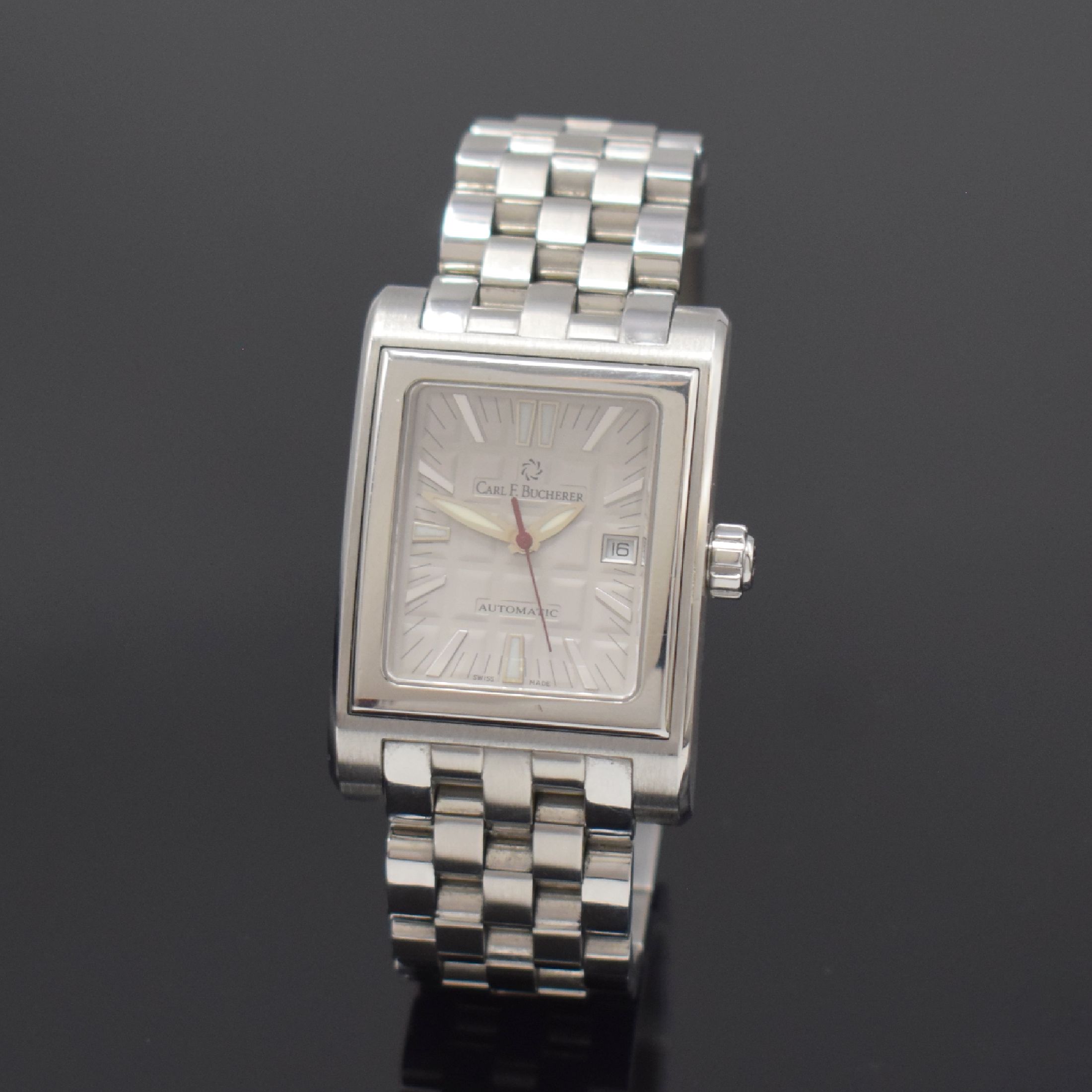 CARL.F. BUCHERER Antecedo Armbanduhr in Stahl/ Stahlband, Schweiz um 2015, Automatik, 6- fach verschr. Geh., silb. Strukturzifferbl., silb. ...