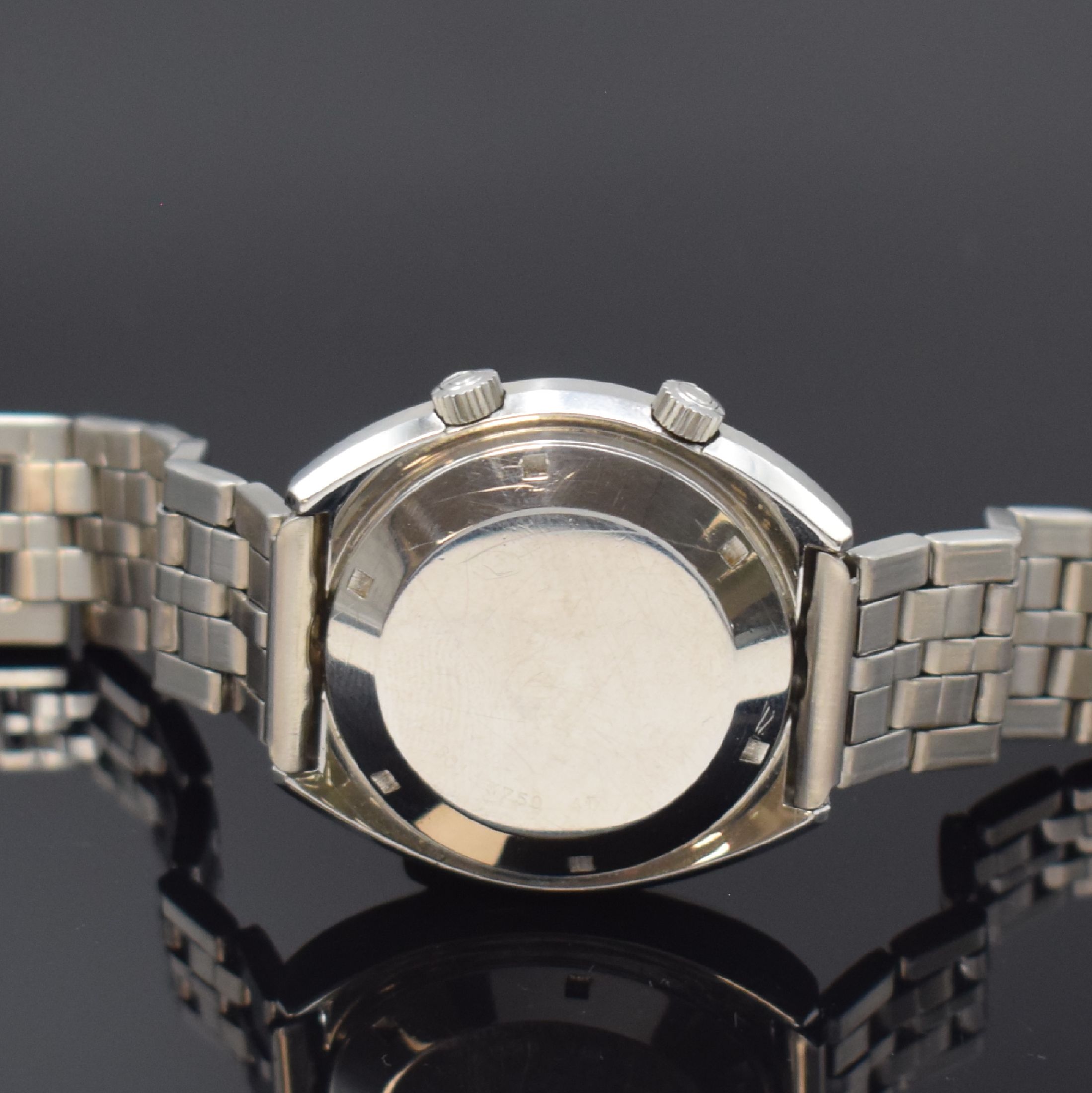 Detail d: CERTINA Automatik Armbanduhr mit Wecker in Stahl, Schweiz um 1975, Boden verschr., neutr. Stahlband, blaues Zifferbl. m. silb. Leuchtindizes, silb. ...