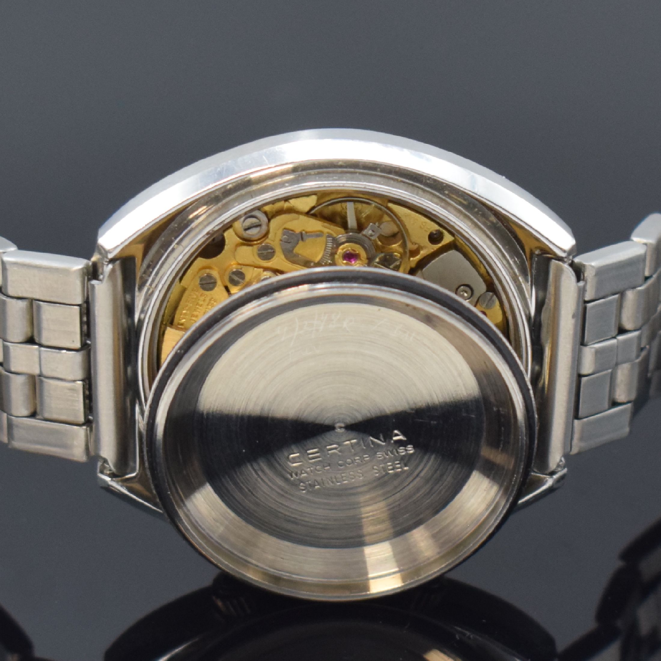 Detail g: CERTINA Automatik Armbanduhr mit Wecker in Stahl, Schweiz um 1975, Boden verschr., neutr. Stahlband, blaues Zifferbl. m. silb. Leuchtindizes, silb. ...