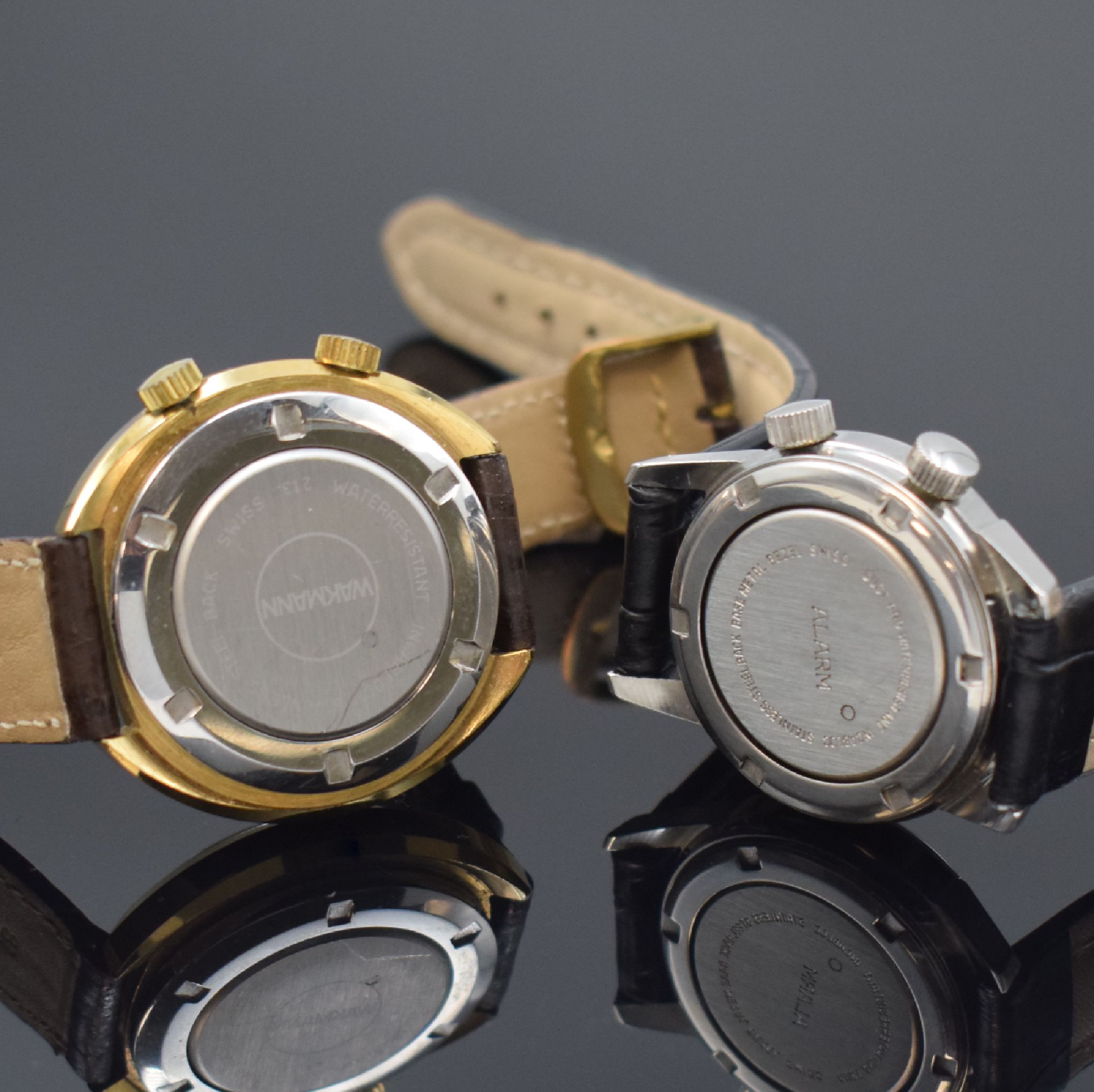 Detail d: WAKMANN 2 Armbandwecker Kaliber AS 1931, Schweiz um 1970, Handaufzug, 2-tlg. Geh. m. verschr. Stahlböden, 1) blaues Zifferbl., silb. Indizes u. ...