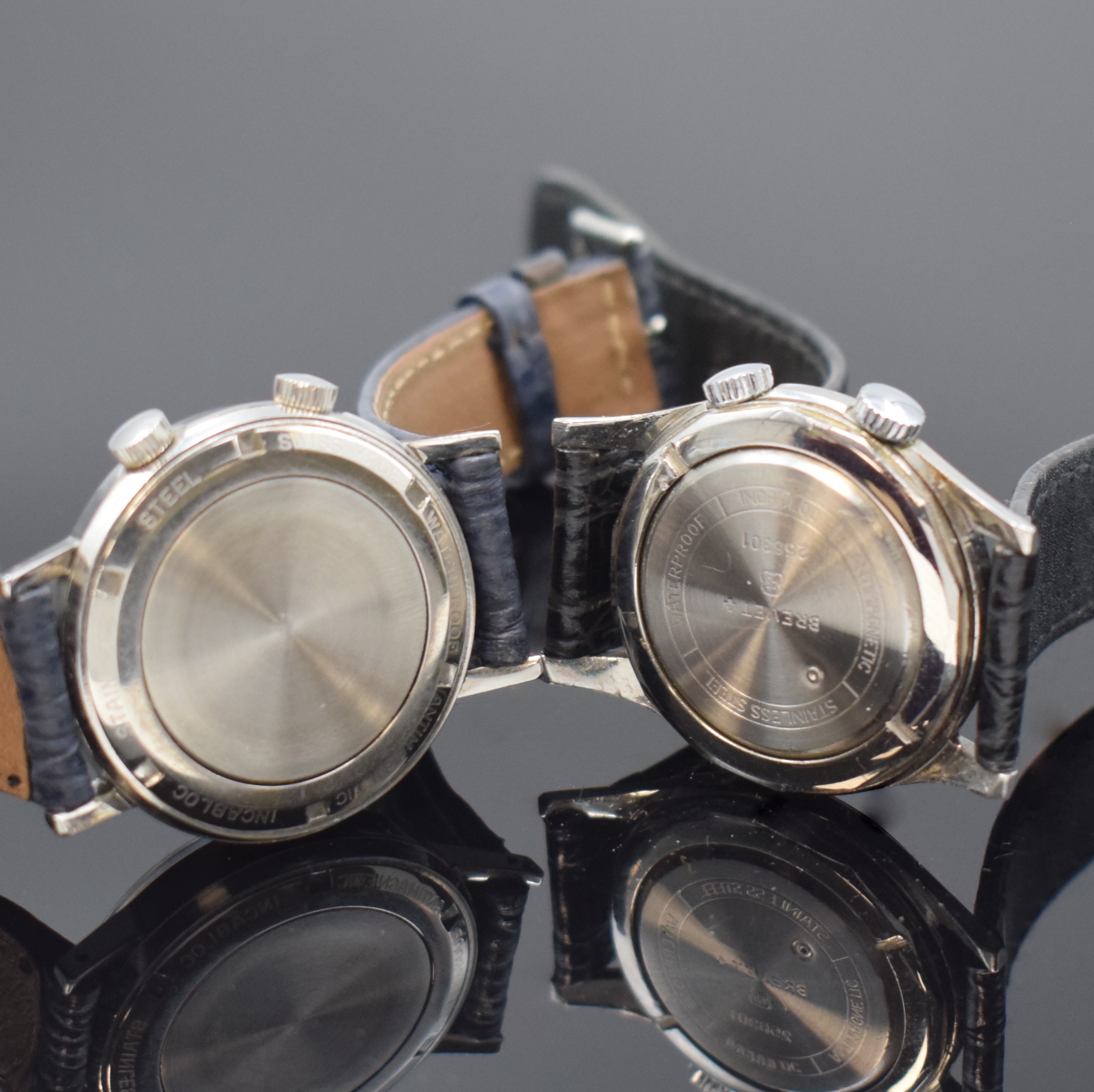 Detail f: 5 Armbandwecker, Schweiz / UDSSR ca. 1950 - 1970, Handaufzug, verschr. Geh. m. Stahlböden, 3 x verg., 2 x Stahl, silb. Zifferblätter teils pat., 3 ...