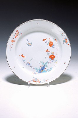 Image 26695669 - Early plate, Meissen, around 1730, kakiemon decoration, rock and bird, fine polychrome painting, brown edge, rubbed due to age, diameter 23 cm