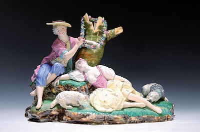 Image 26695674 - Large group of figures, Damm, based on the Höchst model, design by Johann Peter Melchior, "The Slumber of the Shepherdess", earthenware, polychrome painted, restored, approx. 24 x 37 x 22 cm