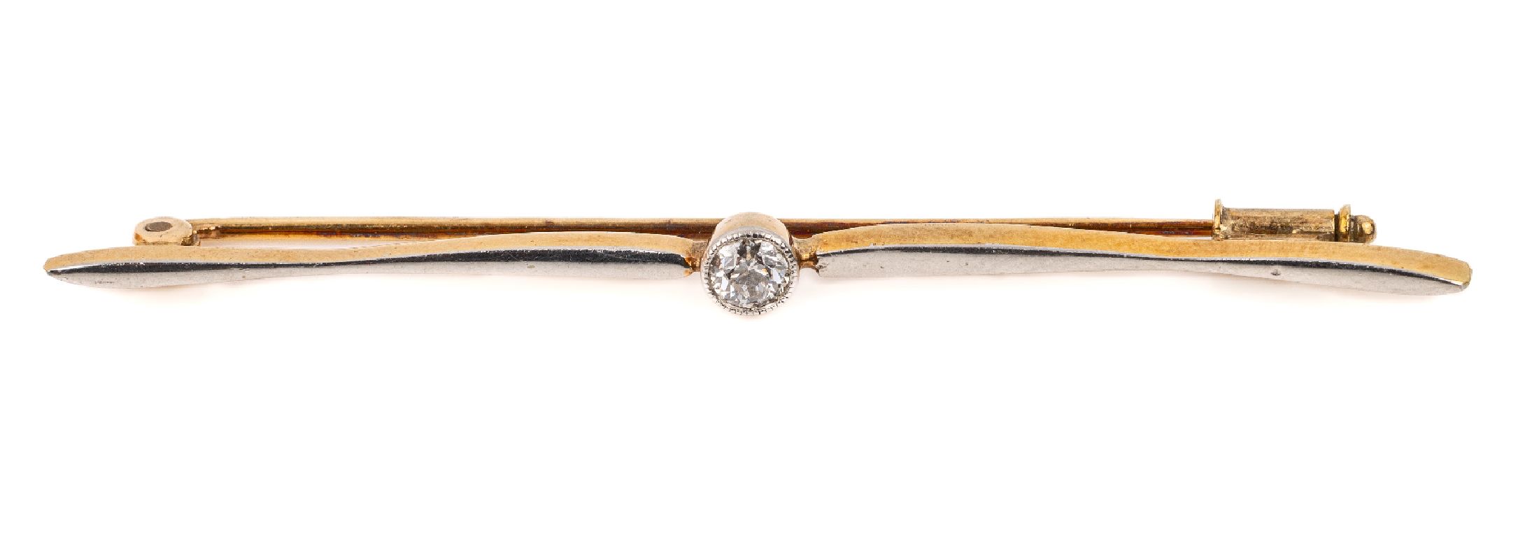 18 kt Gold Diamant-Brosche, 750/000 (gepr.), 1920er Jahre, schauseitig platiniert,bes. mit einem Altschliffdiamant ca. 0.22 ct Weiß/p, L. ca. 7 cm, ...