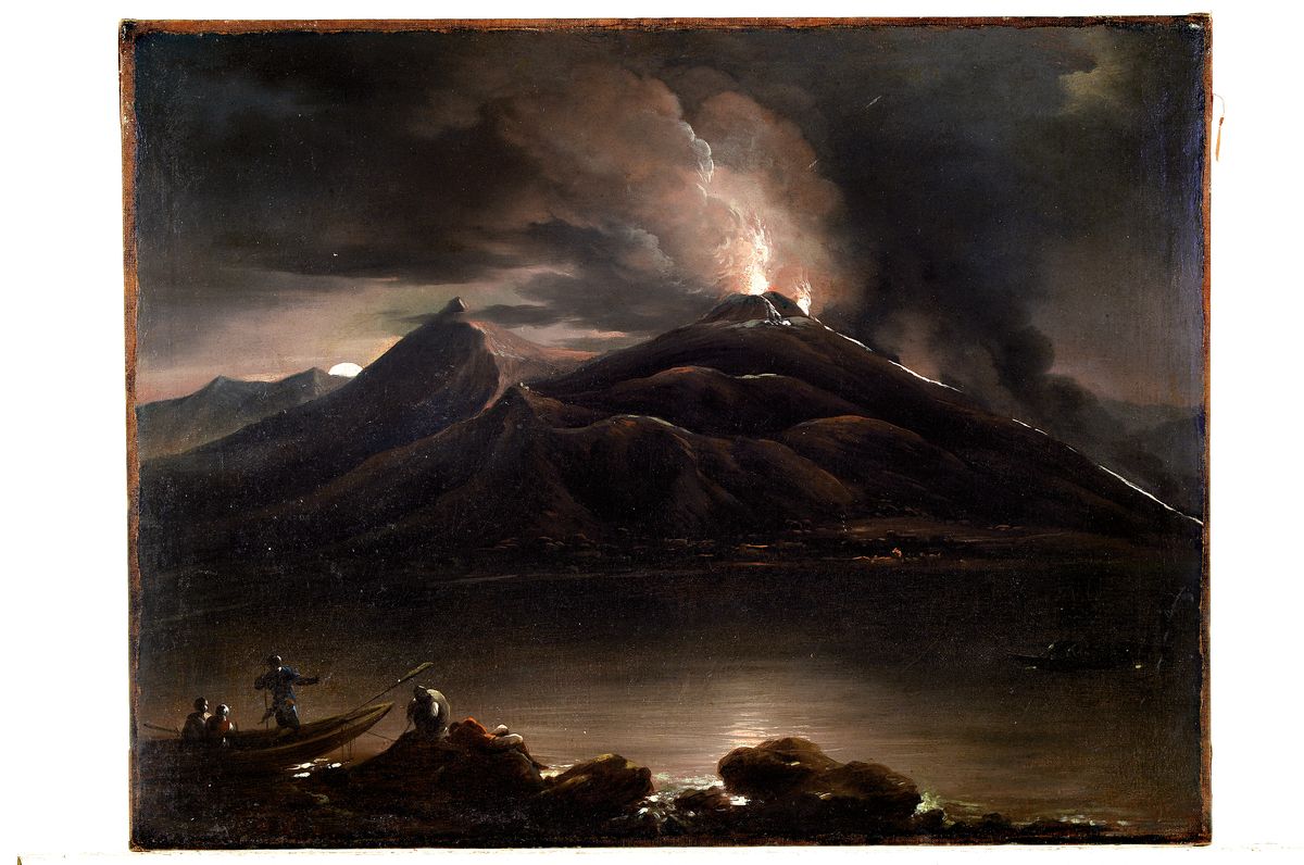 Detail k: Wohl italienischer Künstler, 18/19.Jh., Mondlandschaft am Golf von Neapel, Blick auf den aktiven Vesuv, Öl/Lwd, unsigniert, doubliert, l. ...