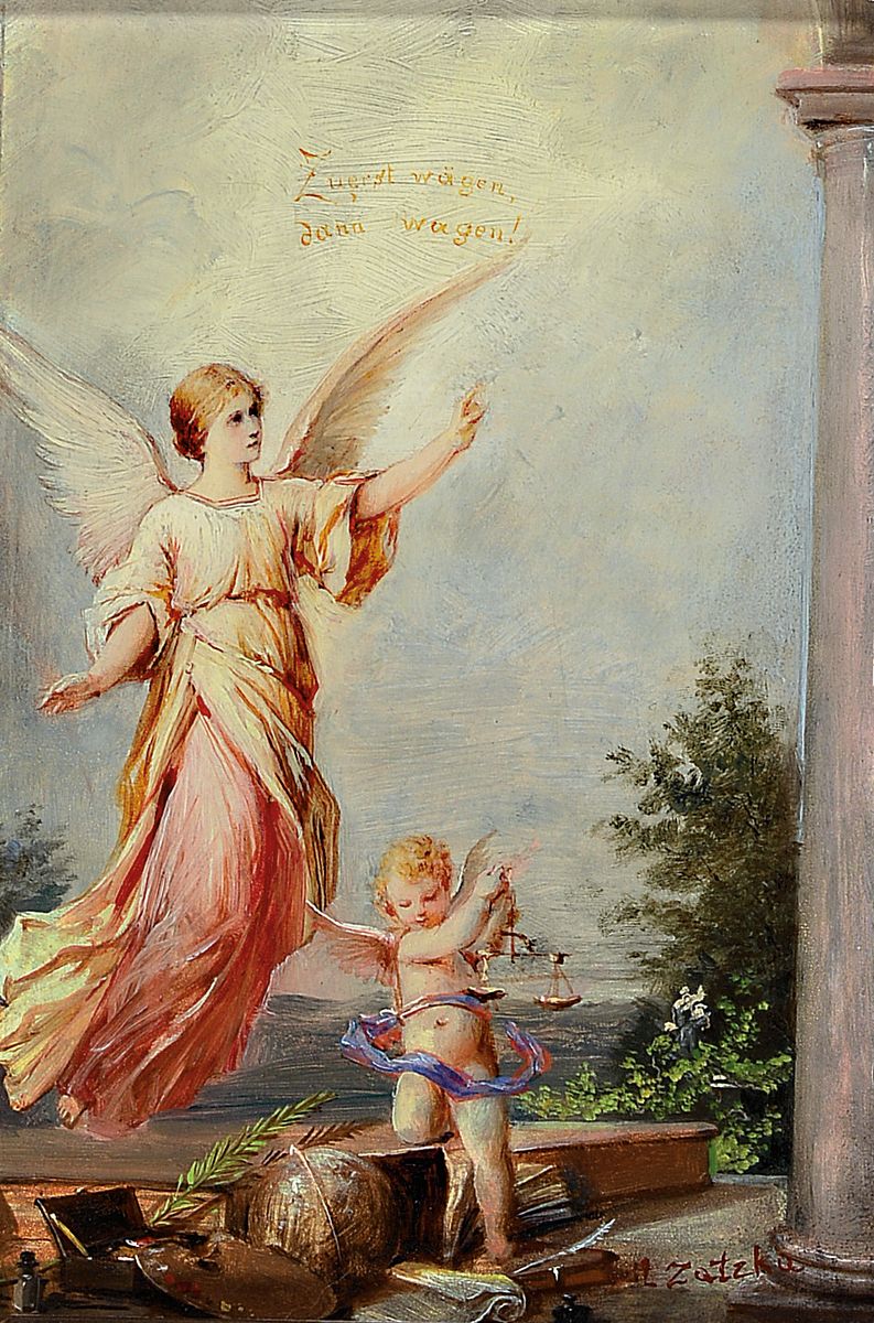 Hans Zatzka, 1859-1945 Wien, Engel schwebt über Amor mit einer Waage, im Himmel Spruch: Erst Wägen dann wagen, Öl/Holz, rechts unten signiert, ca. ...