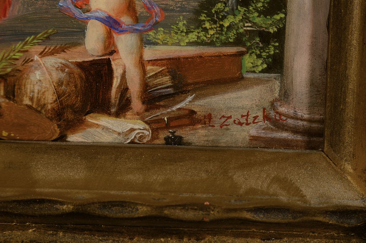 Detail a: Hans Zatzka, 1859-1945 Wien, Engel schwebt über Amor mit einer Waage, im Himmel Spruch: Erst Wägen dann wagen, Öl/Holz, rechts unten signiert, ca. ...