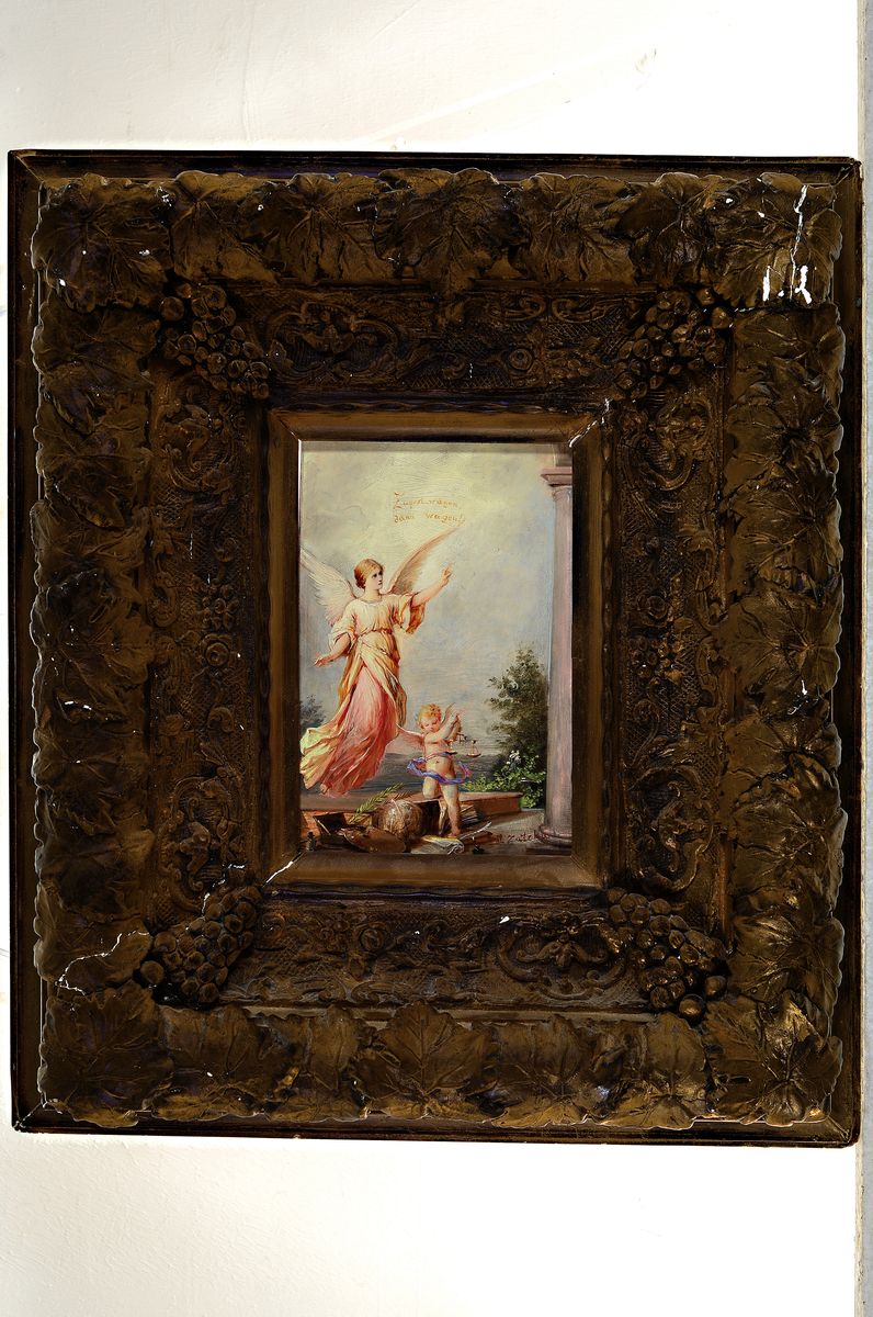 Detail k: Hans Zatzka, 1859-1945 Wien, Engel schwebt über Amor mit einer Waage, im Himmel Spruch: Erst Wägen dann wagen, Öl/Holz, rechts unten signiert, ca. ...