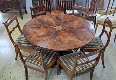 26695866b - Large salon table with 6 chairs, Biedermeier, 1830/40, mahogany veneer with fine maple inlay, table with baluster column, upholstered chairs, surface refreshed with shellac, H. approx. 83 cm, Sh. approx. 44 cm, D. approx. 126 cm, H. approx. 72 cm, condition 2-3