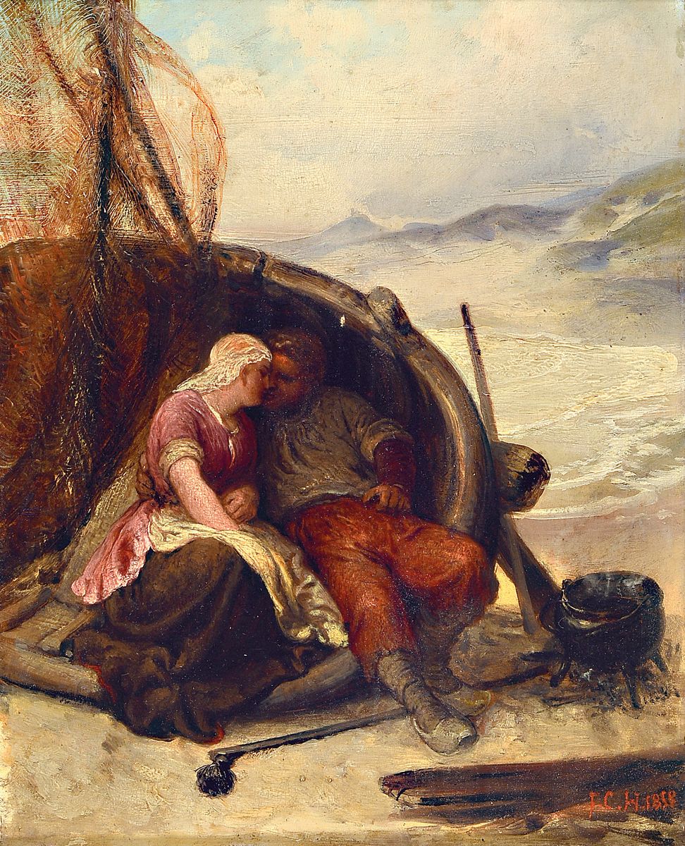Monogrammist J.H.C., datiert 1858, Liebespaar im Fischerboot, Öl/Holz, rechts unten monogr. und dat., ca. 25x20cm, R. ca. 40x35cm