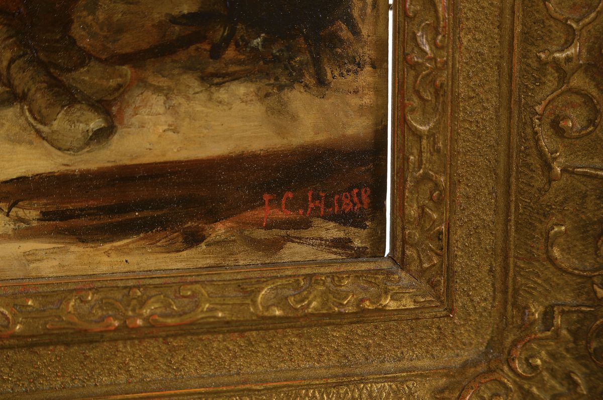 Detail a: Monogrammist J.H.C., datiert 1858, Liebespaar im Fischerboot, Öl/Holz, rechts unten monogr. und dat., ca. 25x20cm, R. ca. 40x35cm