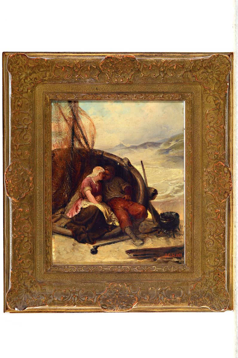 Detail k: Monogrammist J.H.C., datiert 1858, Liebespaar im Fischerboot, Öl/Holz, rechts unten monogr. und dat., ca. 25x20cm, R. ca. 40x35cm