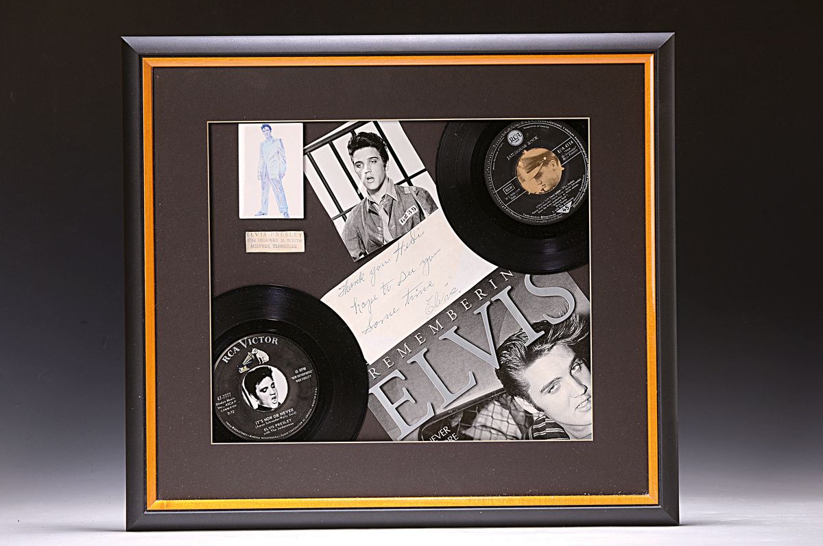 Elvis Presley, Autograph, Collage mit persönlicher Widmung: Thank you Hedi hope to see you sometime Elvis", versch. Abbildungen des Künstlers ...