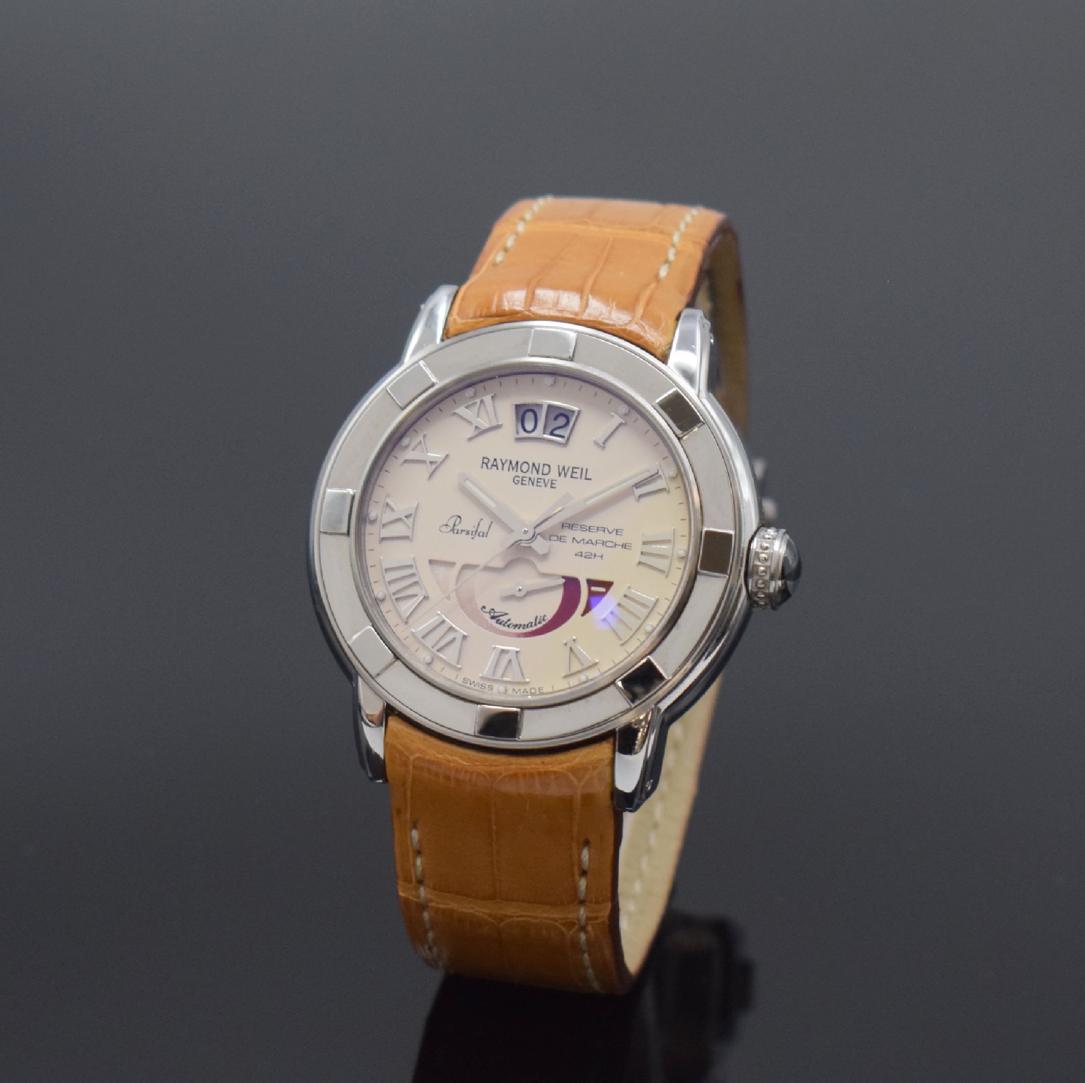 RAYMOND WEIL Herrenarmbanduhr Serie Parsifal Referenz 2843, Automatik, Edelstahlgeh. inkl. orig. Lederband m. Faltschl., beids. vergl., Boden 4-fach ...
