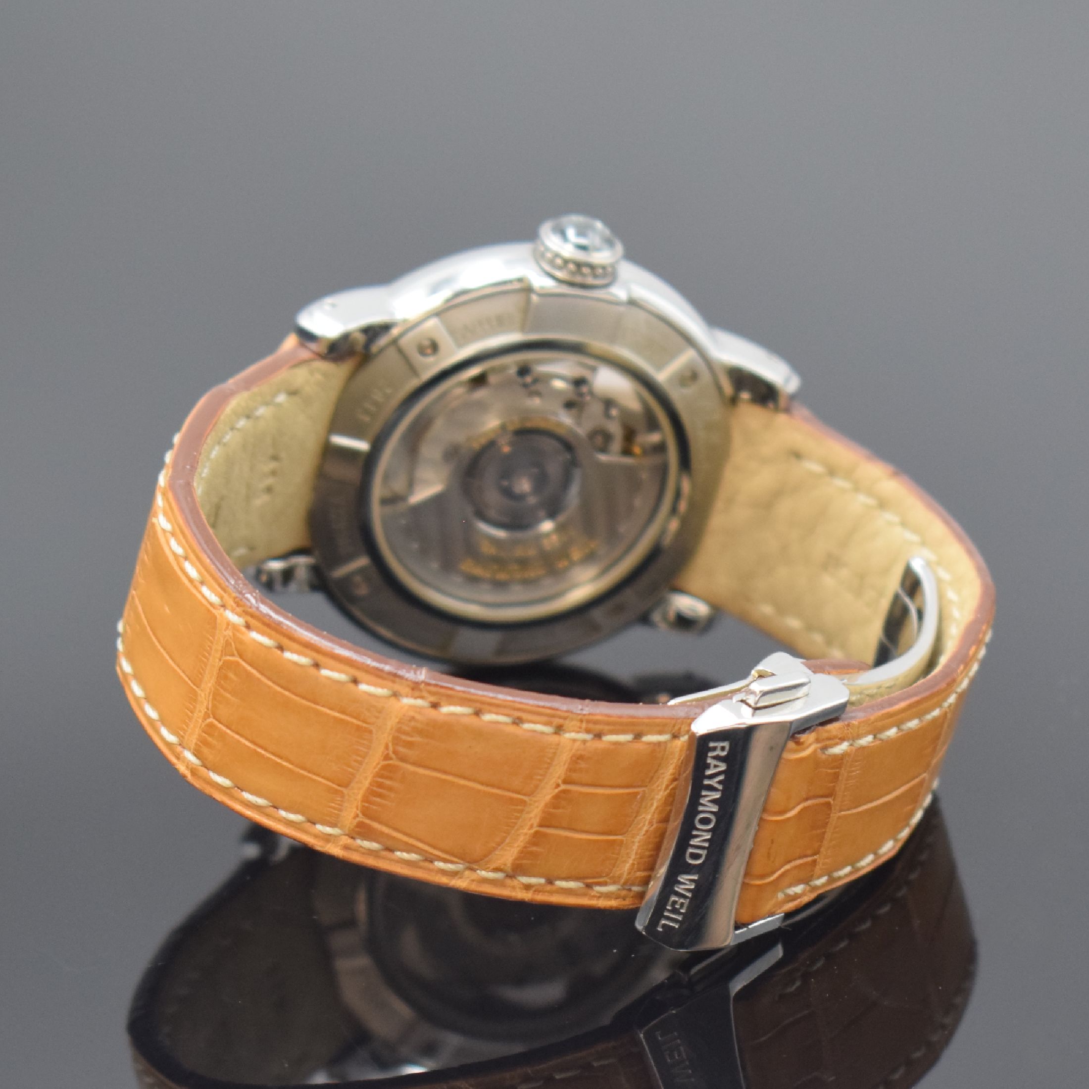 Detail b: RAYMOND WEIL Herrenarmbanduhr Serie Parsifal Referenz 2843, Automatik, Edelstahlgeh. inkl. orig. Lederband m. Faltschl., beids. vergl., Boden 4-fach ...