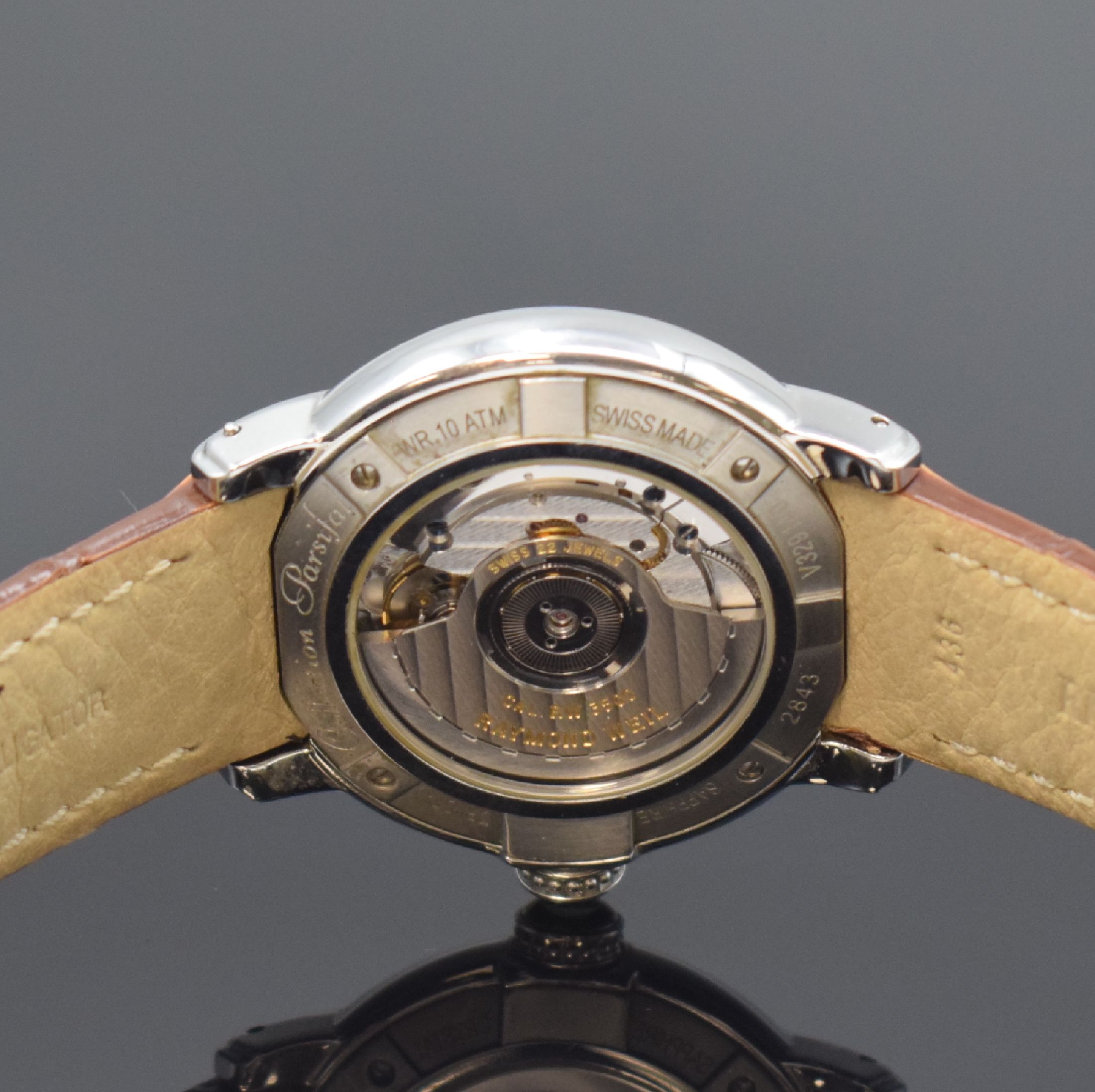 Detail e: RAYMOND WEIL Herrenarmbanduhr Serie Parsifal Referenz 2843, Automatik, Edelstahlgeh. inkl. orig. Lederband m. Faltschl., beids. vergl., Boden 4-fach ...