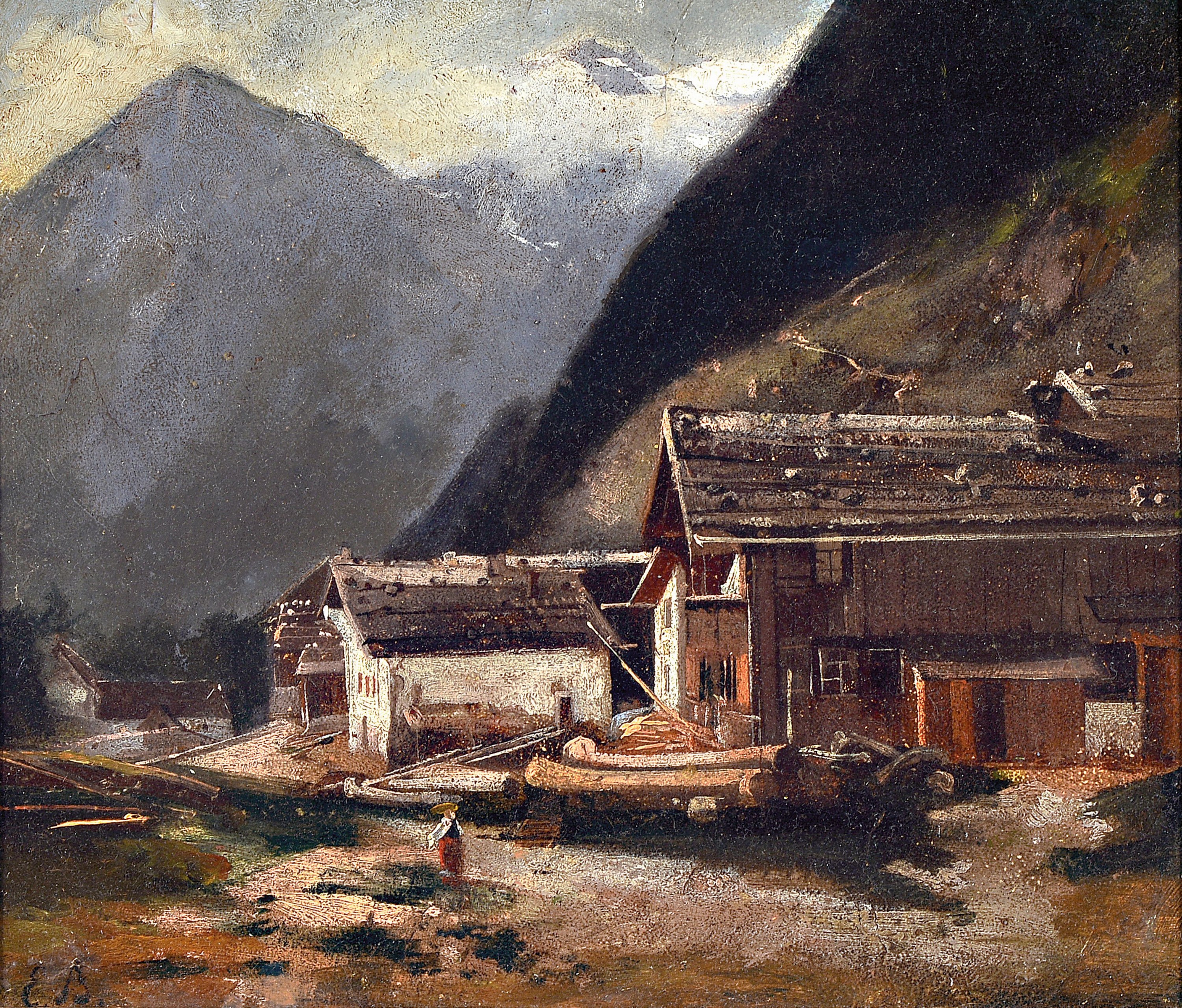 Eugen Birzer, 1847 Waldsassen-1905 München, Alpenlandschaft mit Holzwirtschaft, so verso auf Etikett betitelt, Öl/Lwd, rest., links unten monogr. ...