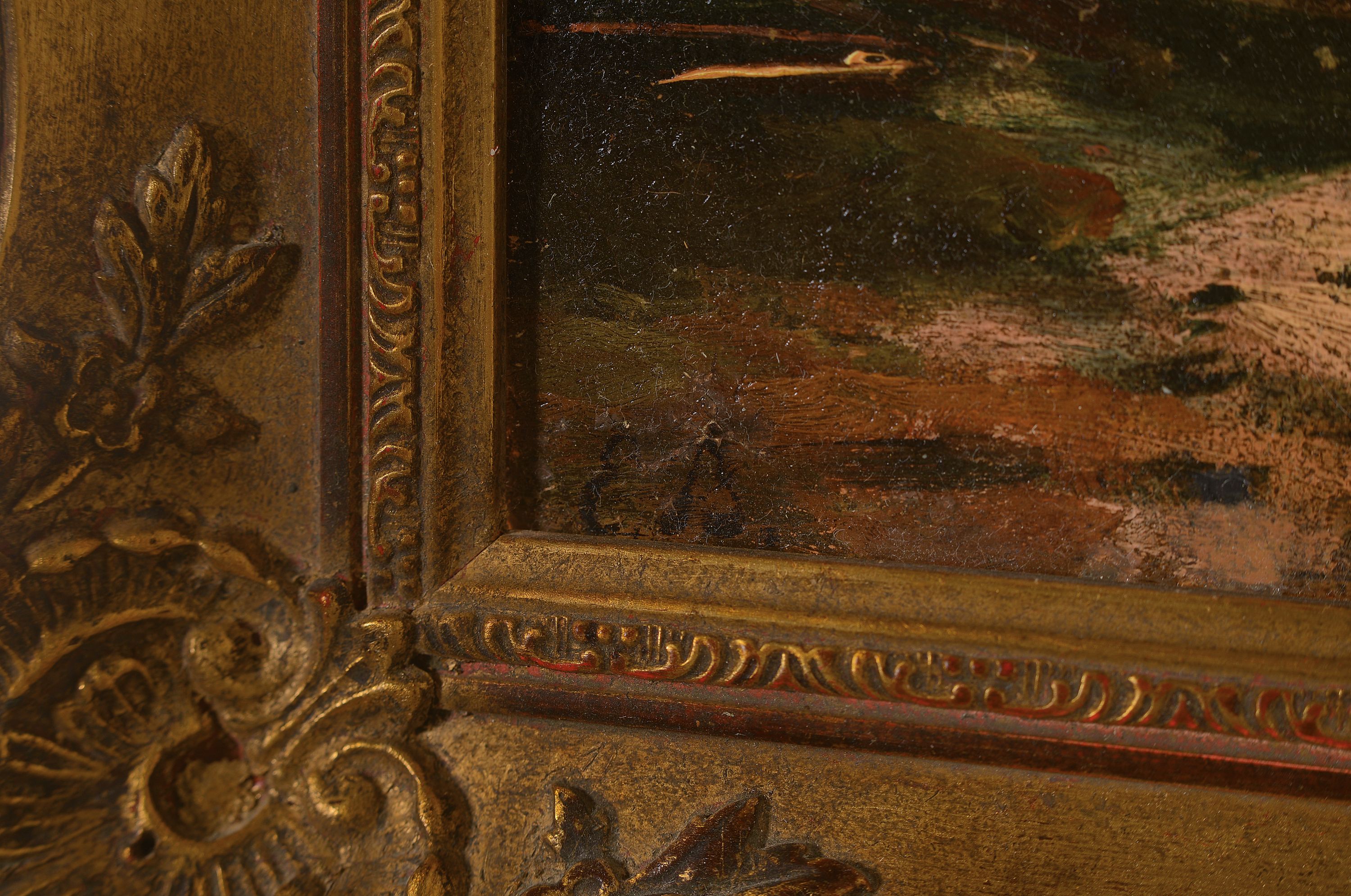 Detail a: Eugen Birzer, 1847 Waldsassen-1905 München, Alpenlandschaft mit Holzwirtschaft, so verso auf Etikett betitelt, Öl/Lwd, rest., links unten monogr. ...