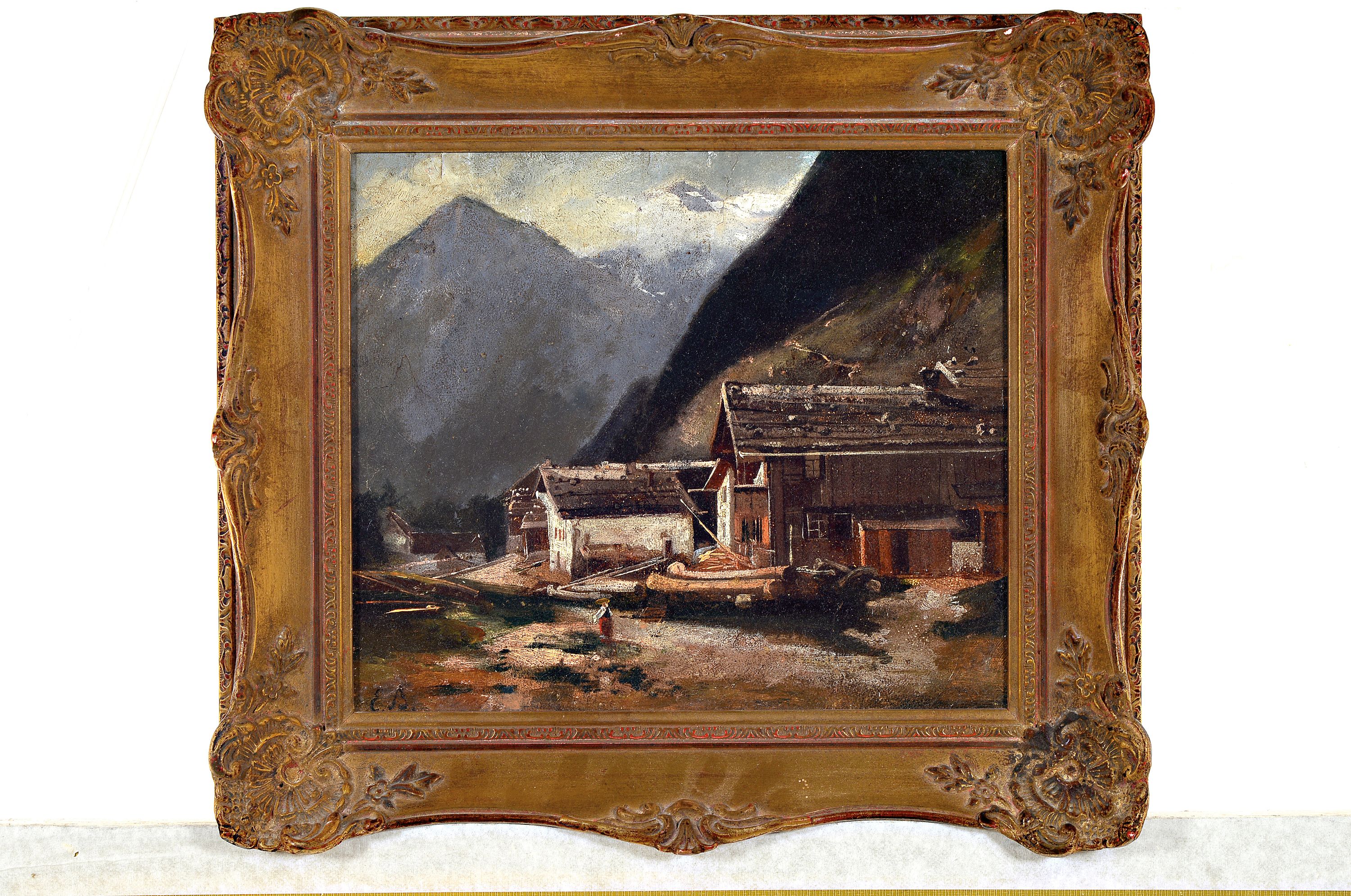 Detail l: Eugen Birzer, 1847 Waldsassen-1905 München, Alpenlandschaft mit Holzwirtschaft, so verso auf Etikett betitelt, Öl/Lwd, rest., links unten monogr. ...
