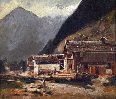 Image 26696236 - Eugen Birzer, 1847 Waldsassen-1905 Munich, Alpine landscape with wood industry, so verso on label titled, oil/canvas, restored, lower left monogr. E.B., signed on the back on the stretcher, approx. 26x30cm, frame approx. 37x41cm