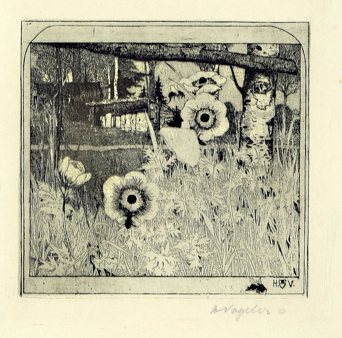 Heinrich Vogeler, 1872 Bremen-1942 Kornejewka, Radierung, "Frühlingsblumen", 1899, rechts unten handsigniert, in der Platte monogrammiert, ...