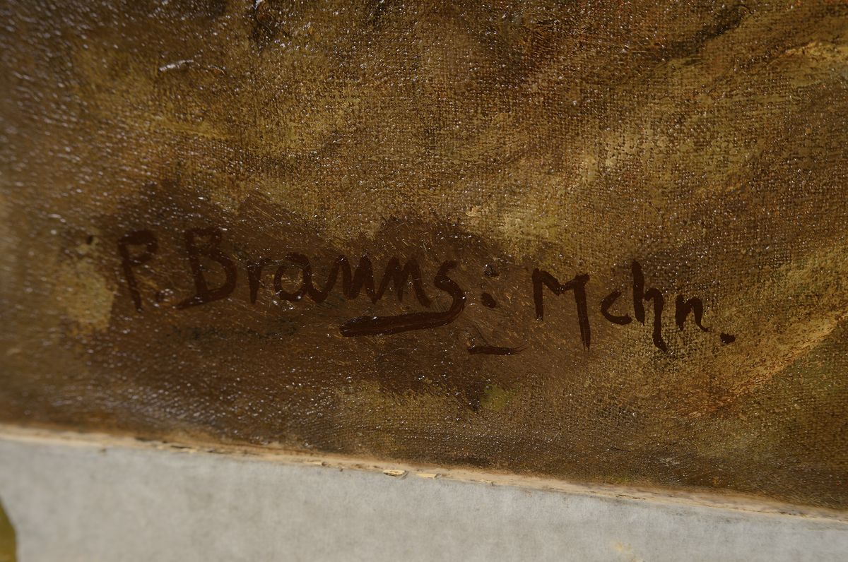 Detail a: Paul Brauns, Münchener Maler um 1900, Bauernpaar treiben Kühe einen Weg entlang, seitlich eine Ernteszene, Öl/Lwd, links unten signiert, Lwd ...
