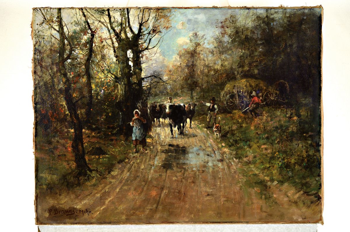 Detail k: Paul Brauns, Münchener Maler um 1900, Bauernpaar treiben Kühe einen Weg entlang, seitlich eine Ernteszene, Öl/Lwd, links unten signiert, Lwd ...