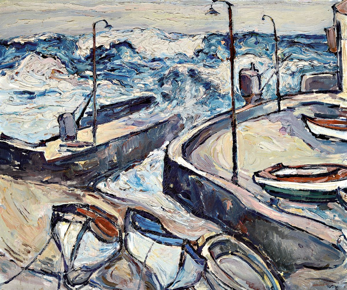 Gustav Gulde, 1906 Ludwigshafen-1953, Segelboote im Hafen, Öl/Lwd, rechts unten signiert, expressiver gespachtelter Farbauftrag mit kleineren ...