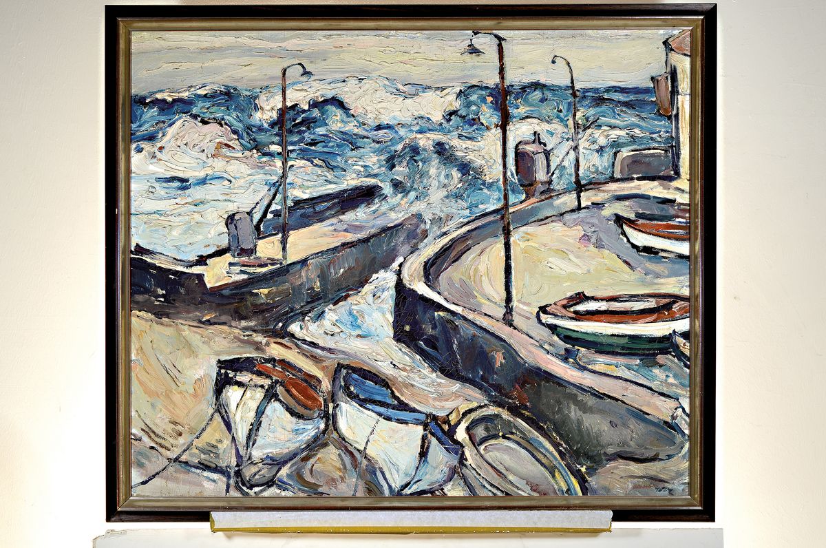 Detail k: Gustav Gulde, 1906 Ludwigshafen-1953, Segelboote im Hafen, Öl/Lwd, rechts unten signiert, expressiver gespachtelter Farbauftrag mit kleineren ...